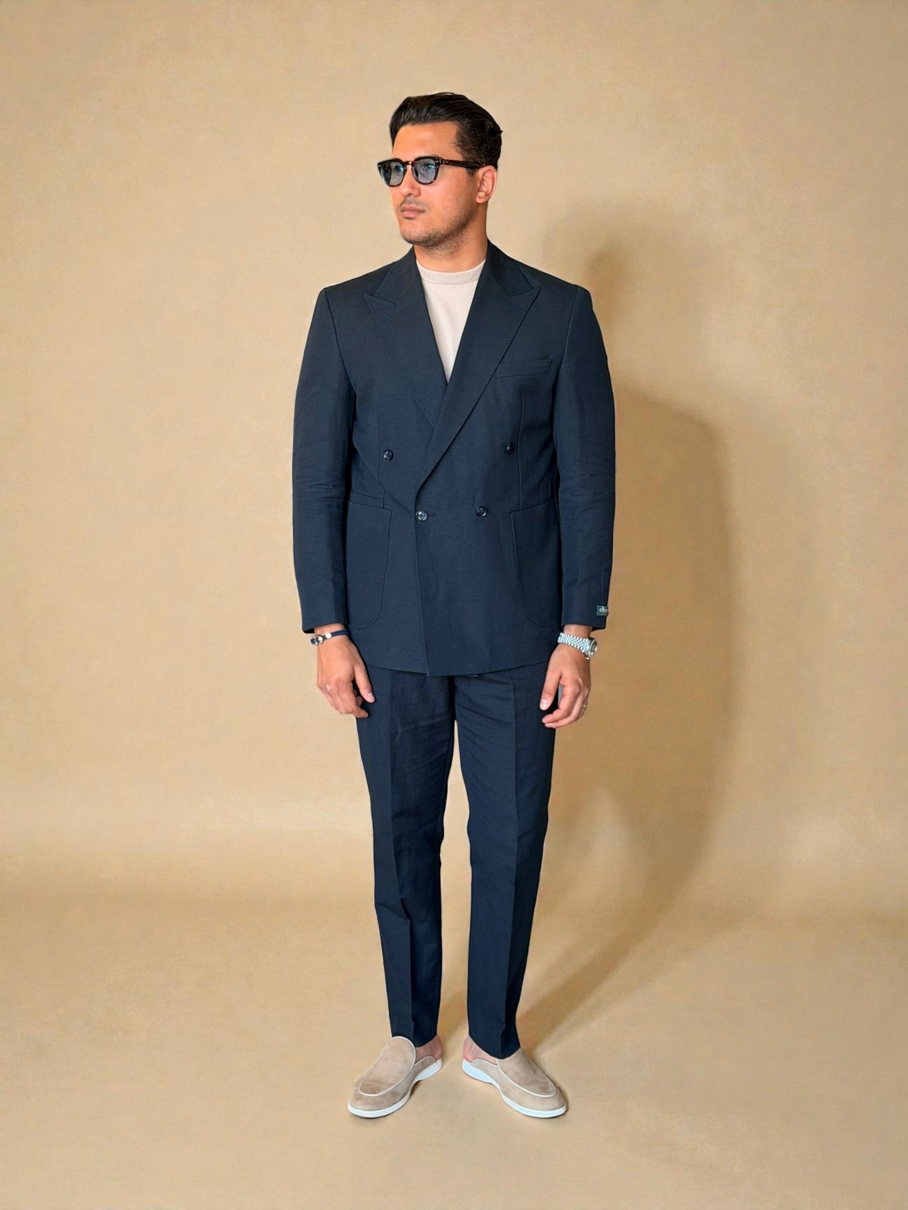 Pure linen double breasted suit - Navy