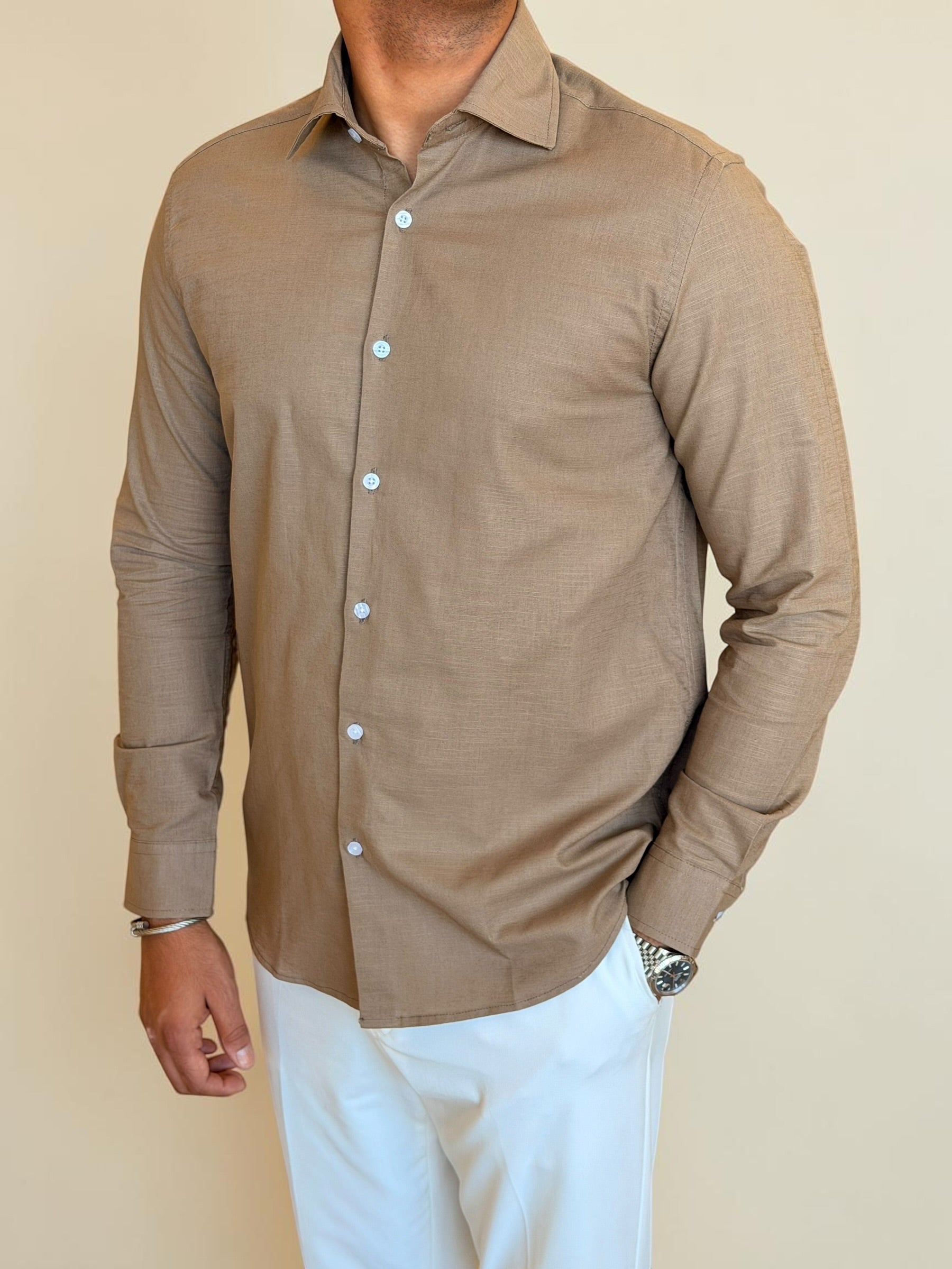 Spread collar pure linen chemise- Cacao