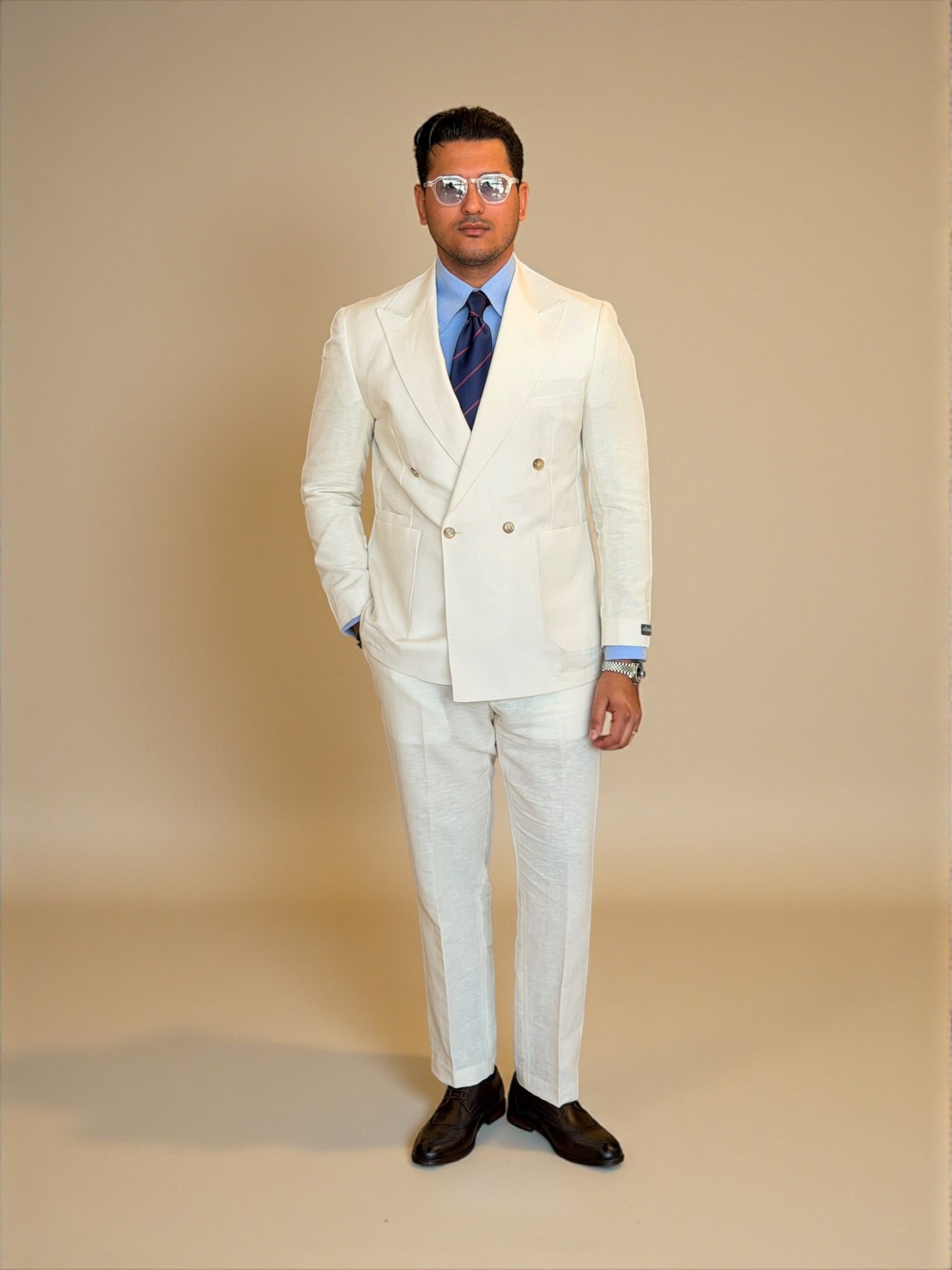 Pure linen double breasted suit - Off white