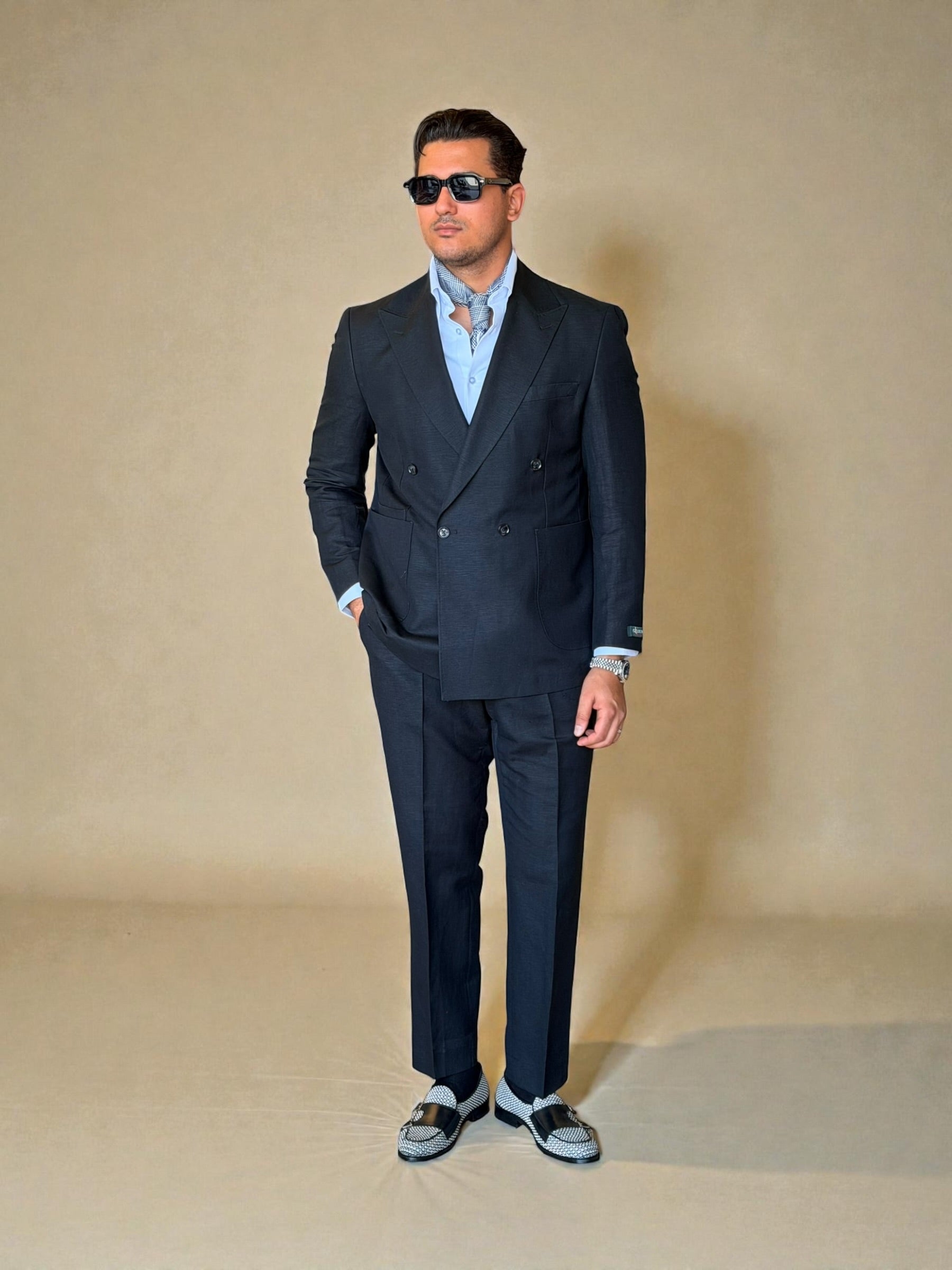 Pure linen double breasted suit - Black