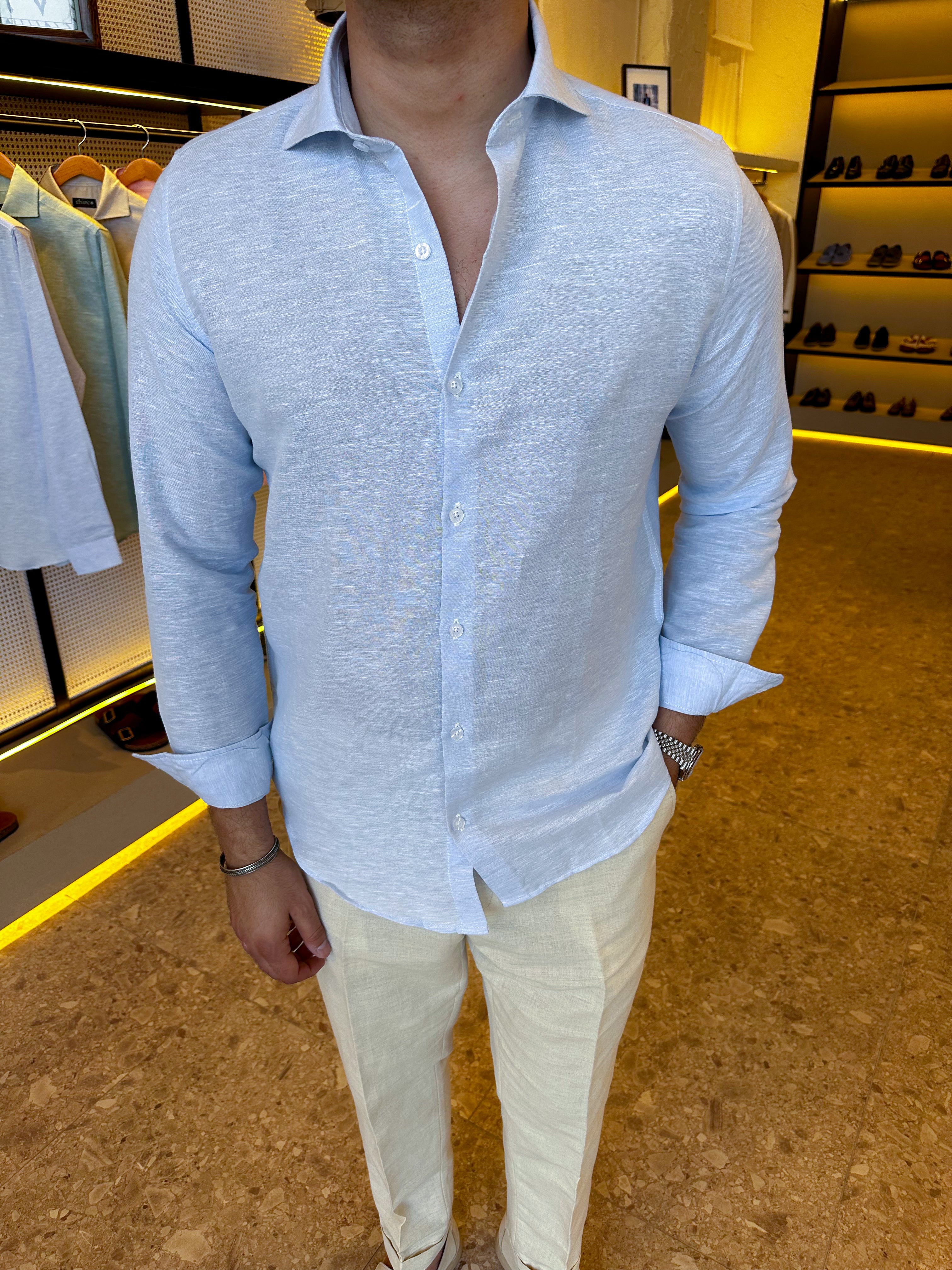 Spread collar pure linen chemise- baby blue