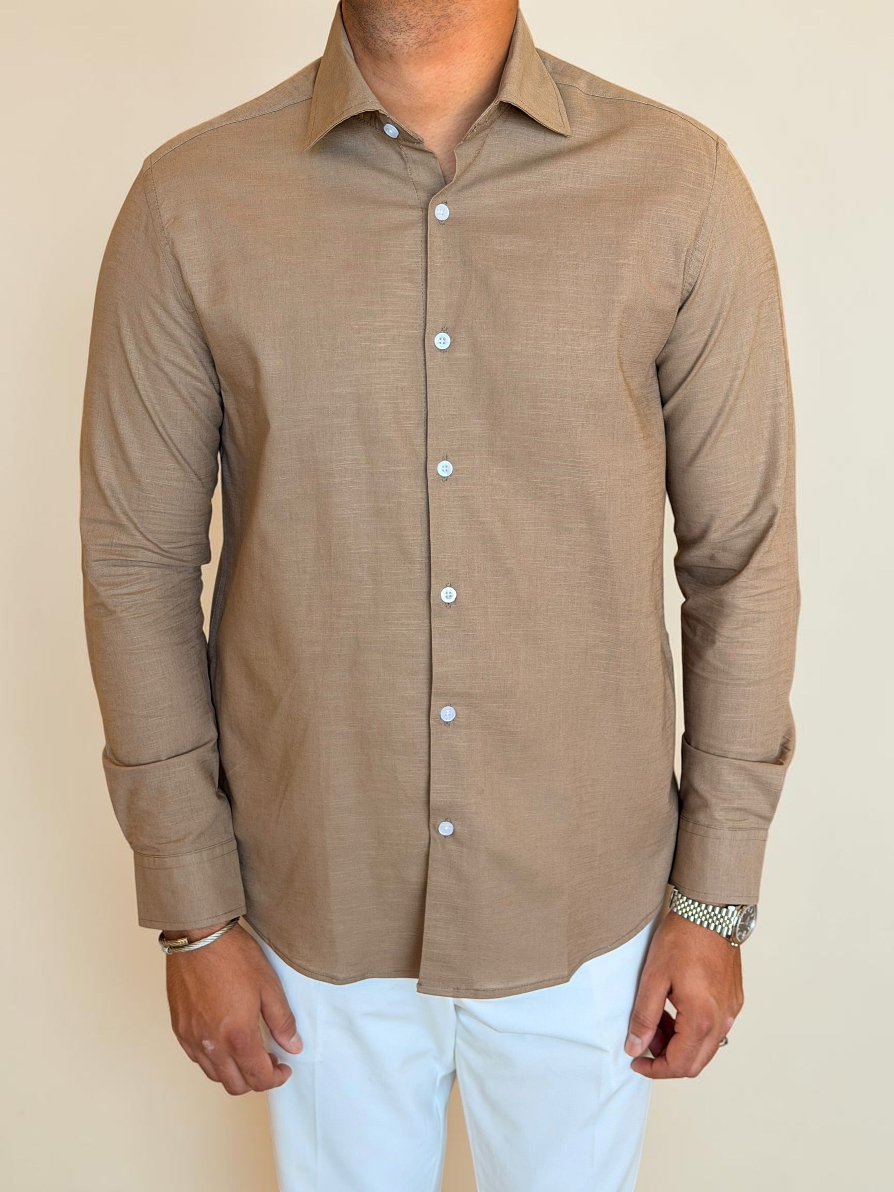 Spread collar pure linen chemise- Cacao