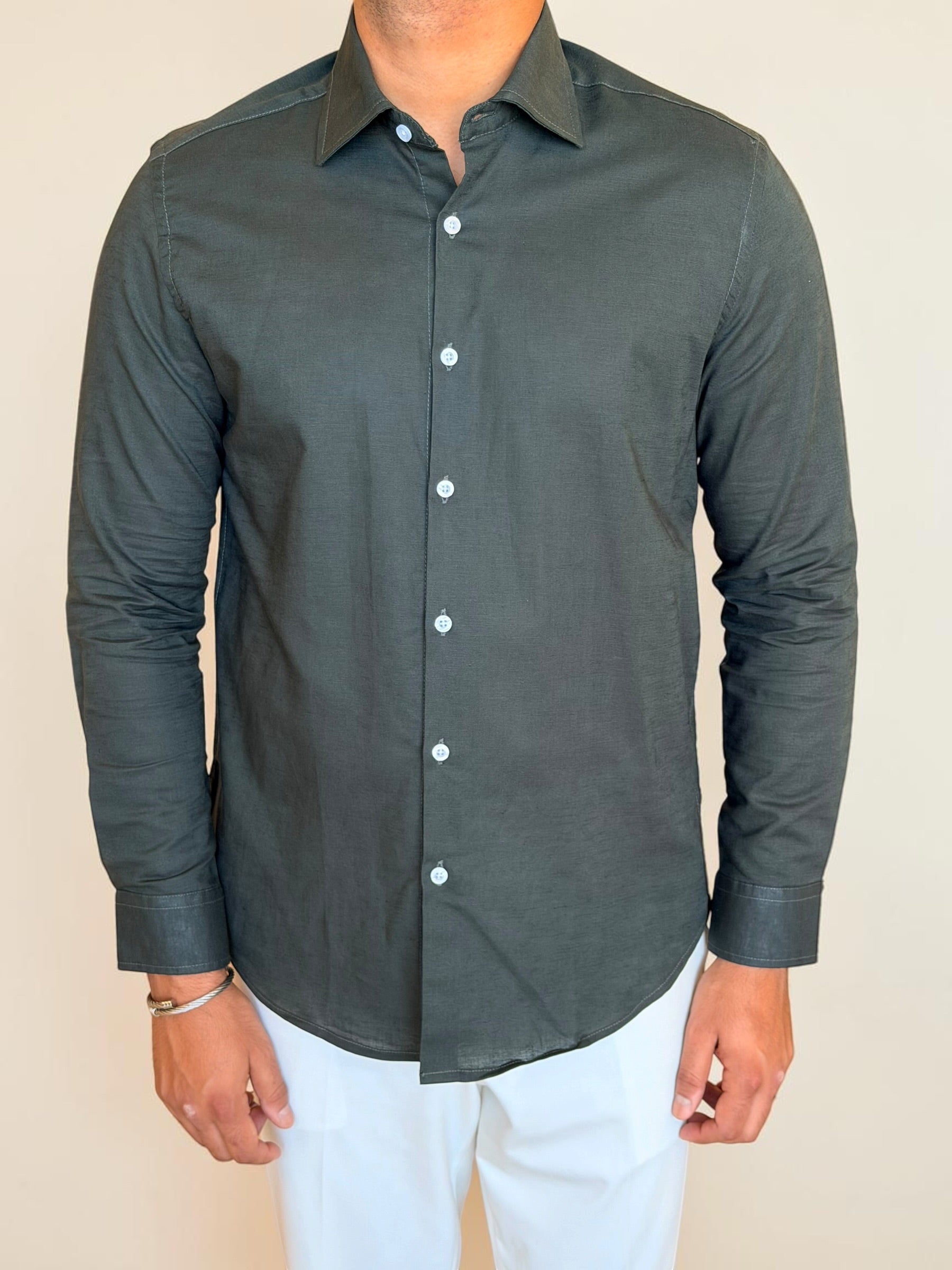 Spread collar pure linen chemise- Olive
