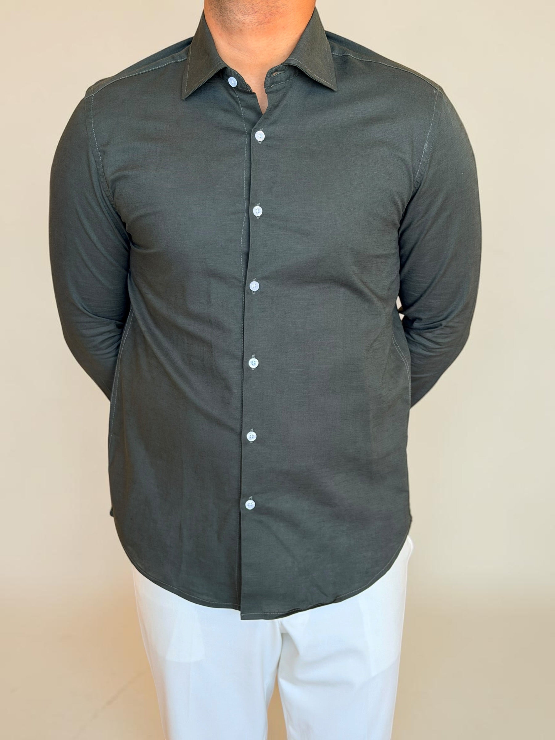 Spread collar pure linen chemise- Olive