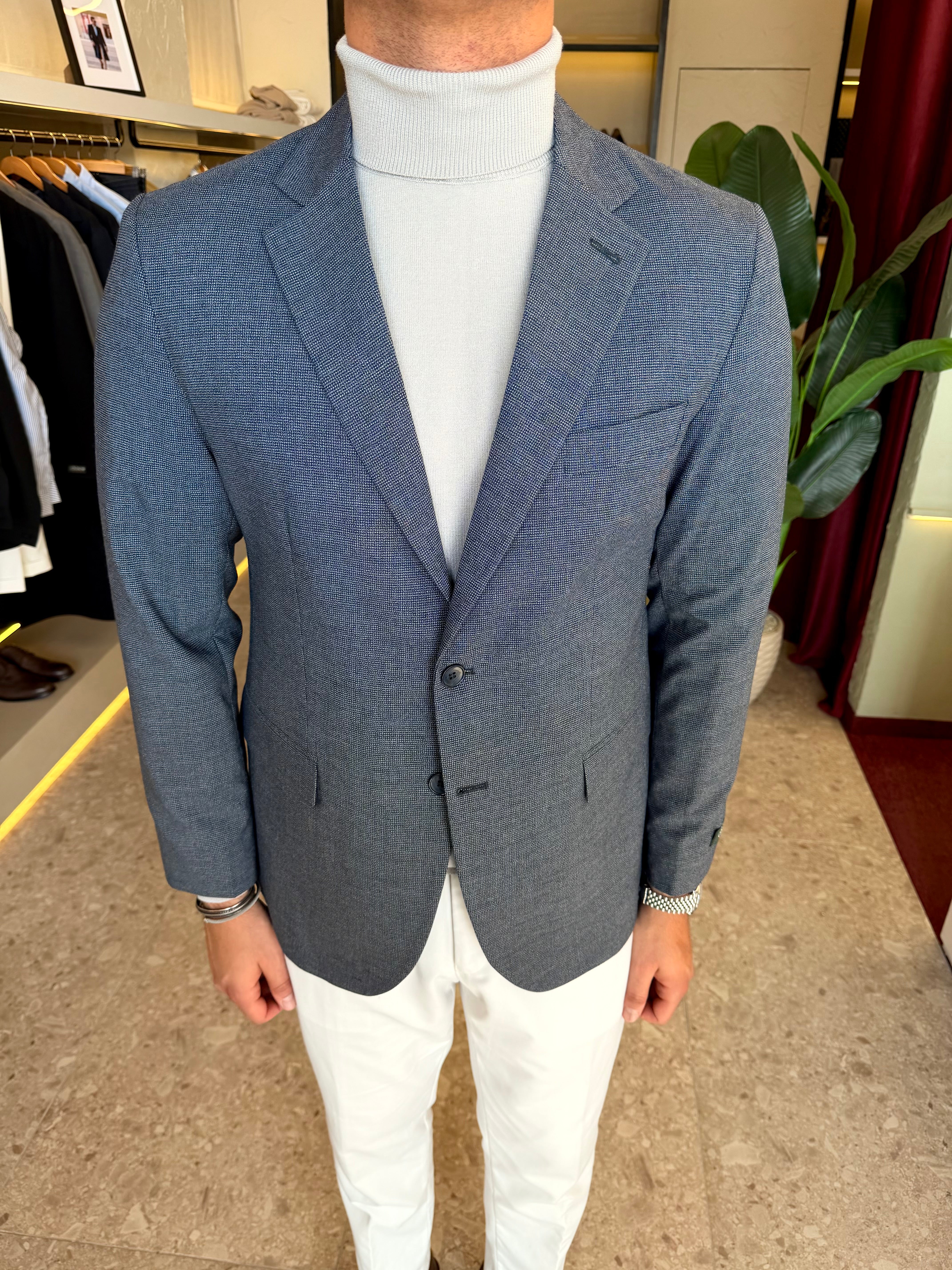 Houndstooth Tailored Blazer - Navy