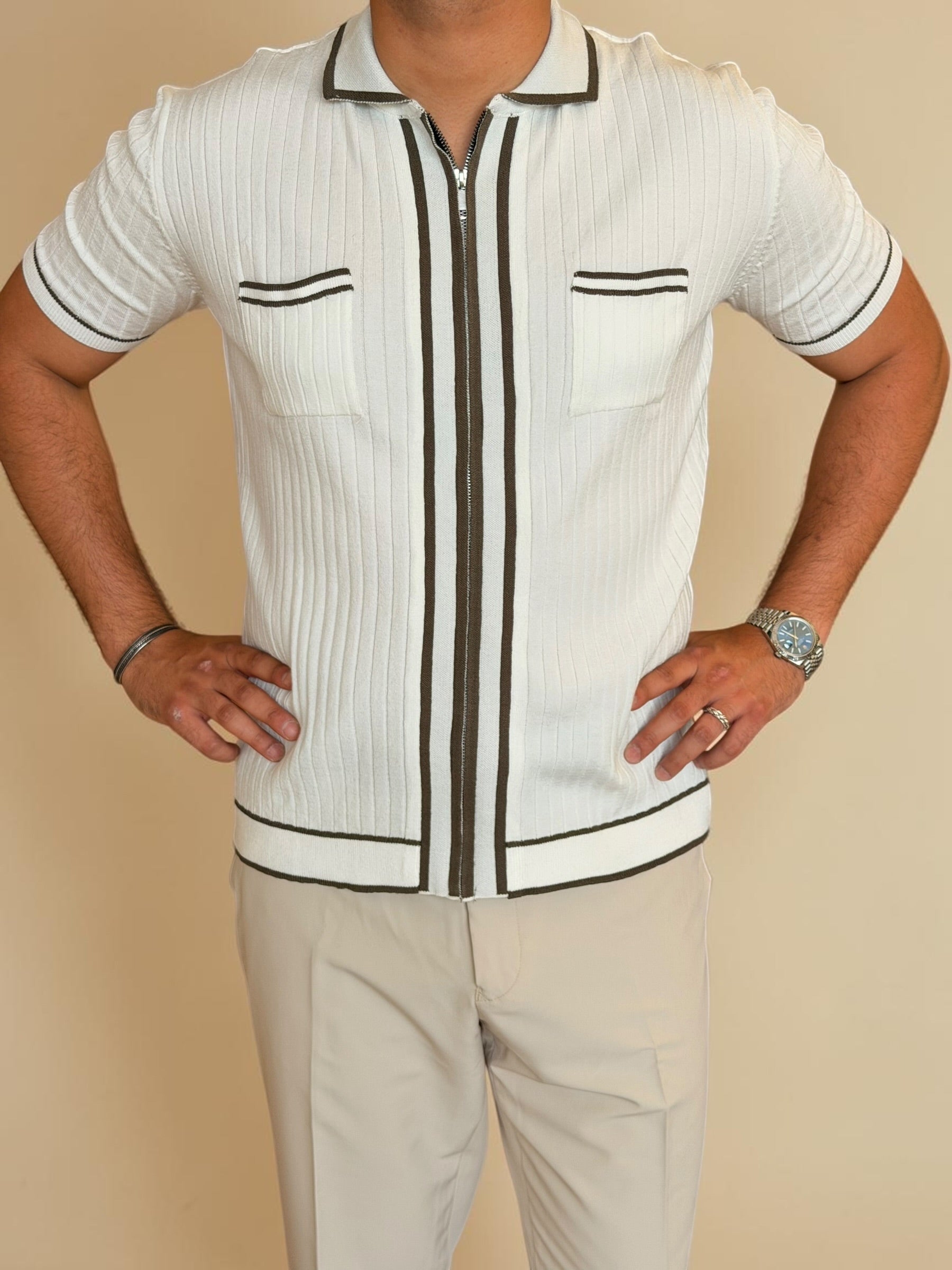 Zipper knitted polo - off white