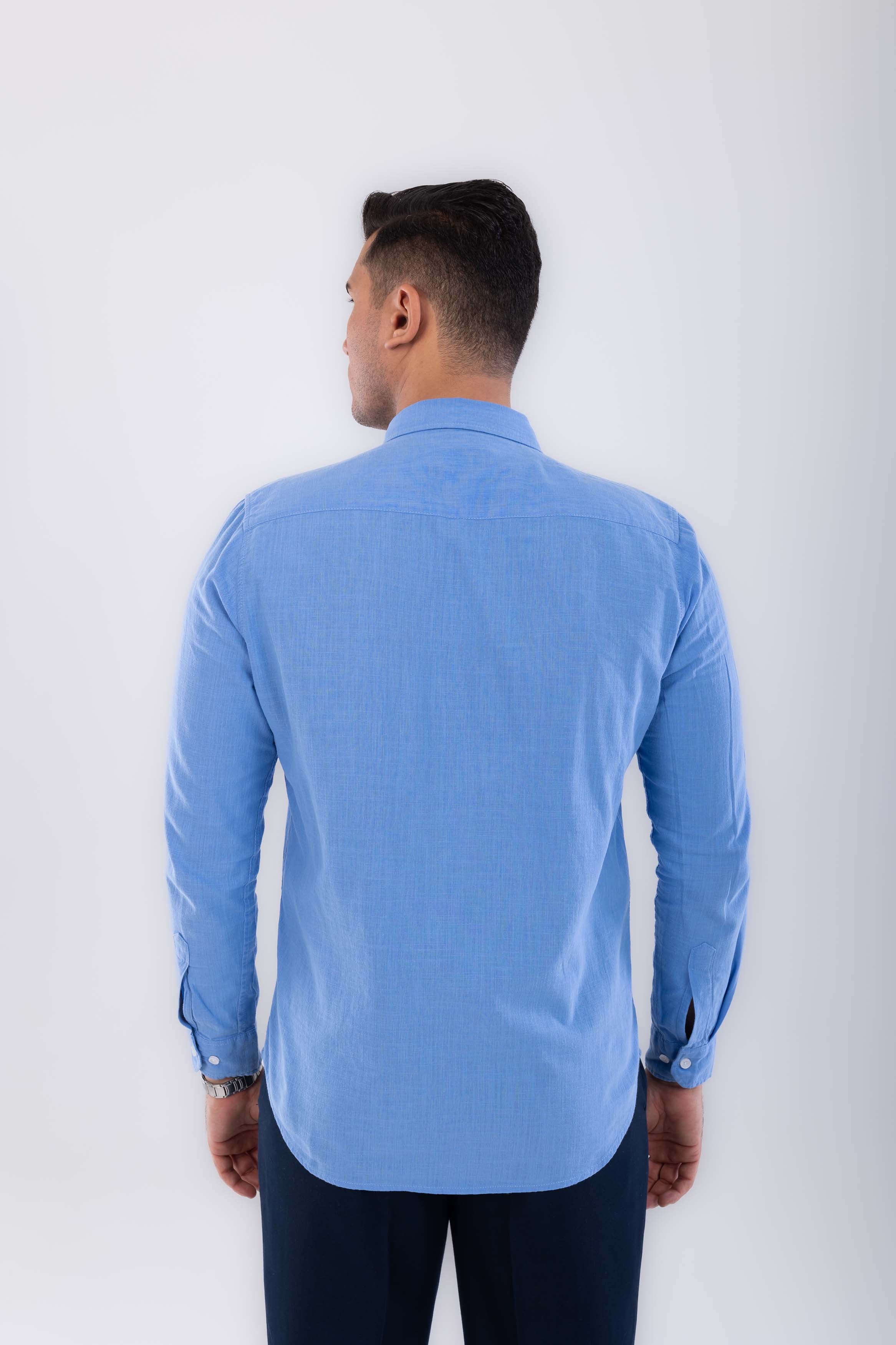 regular fit button down collar linen sleeve long-Blue