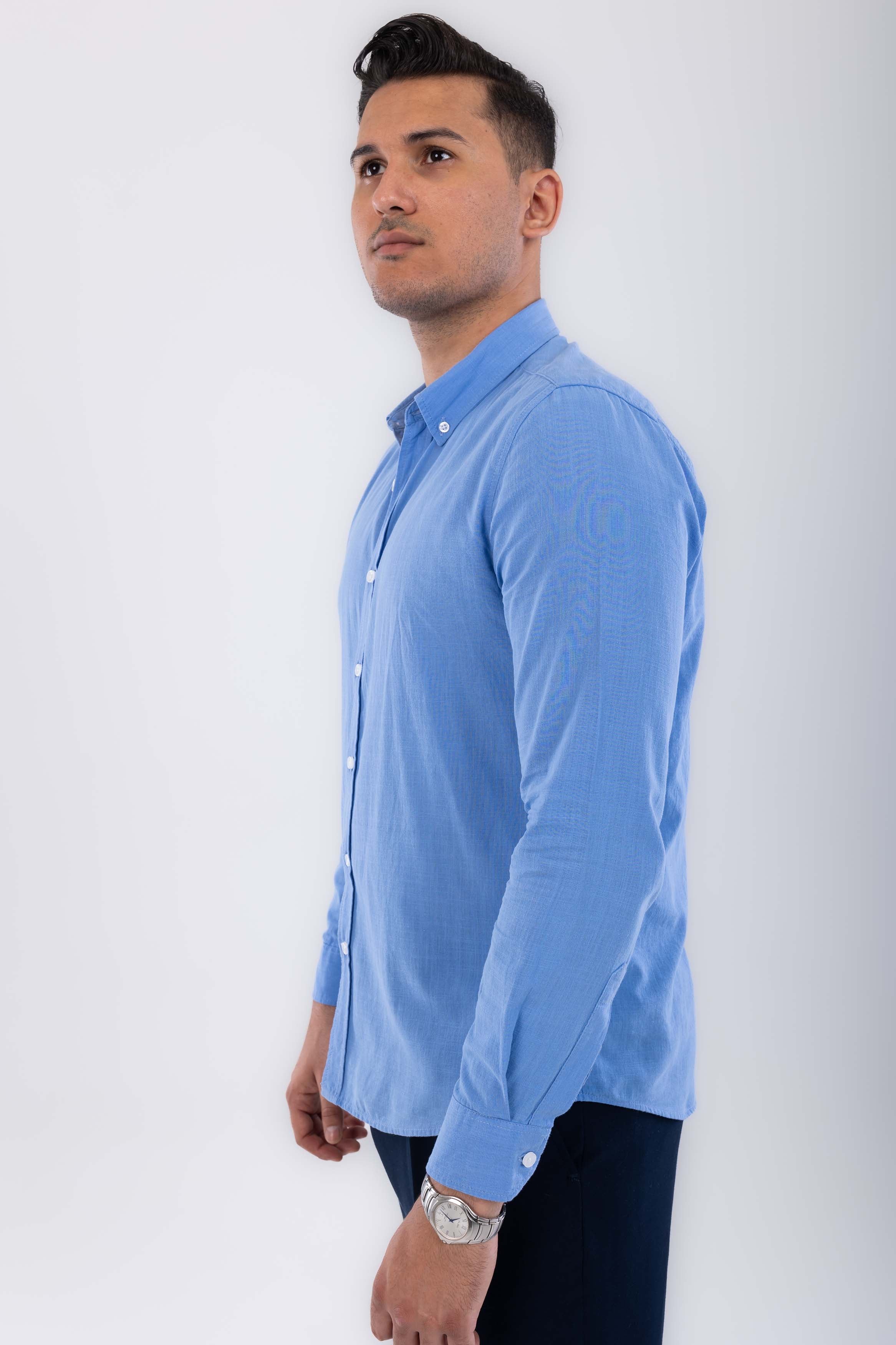 regular fit button down collar linen sleeve long-Blue