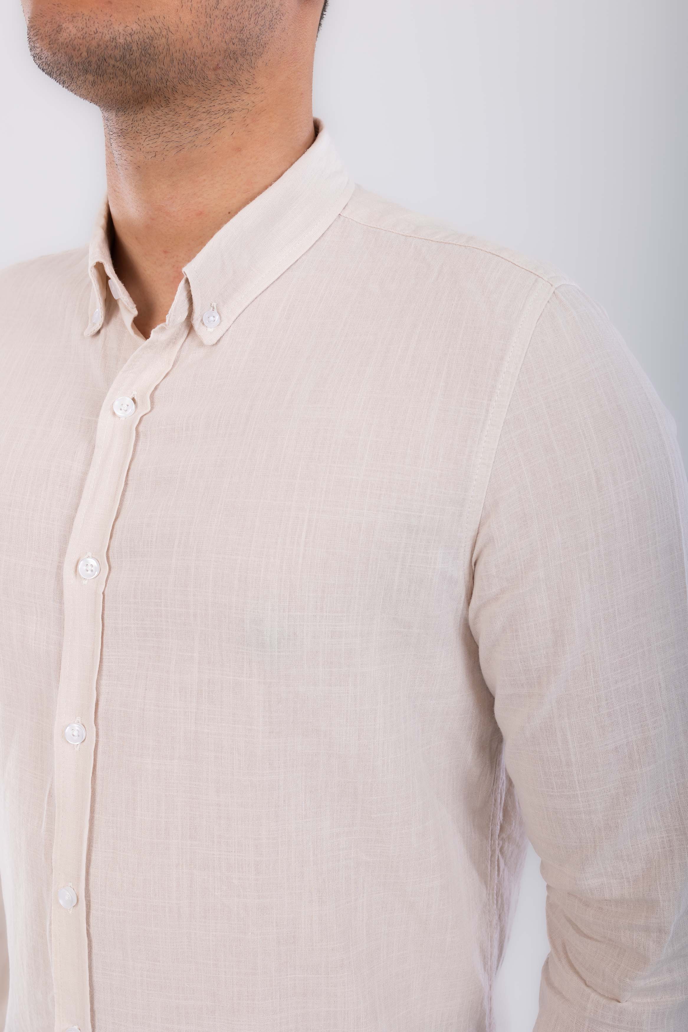 regular fit button down collar linen sleeve long-Beig