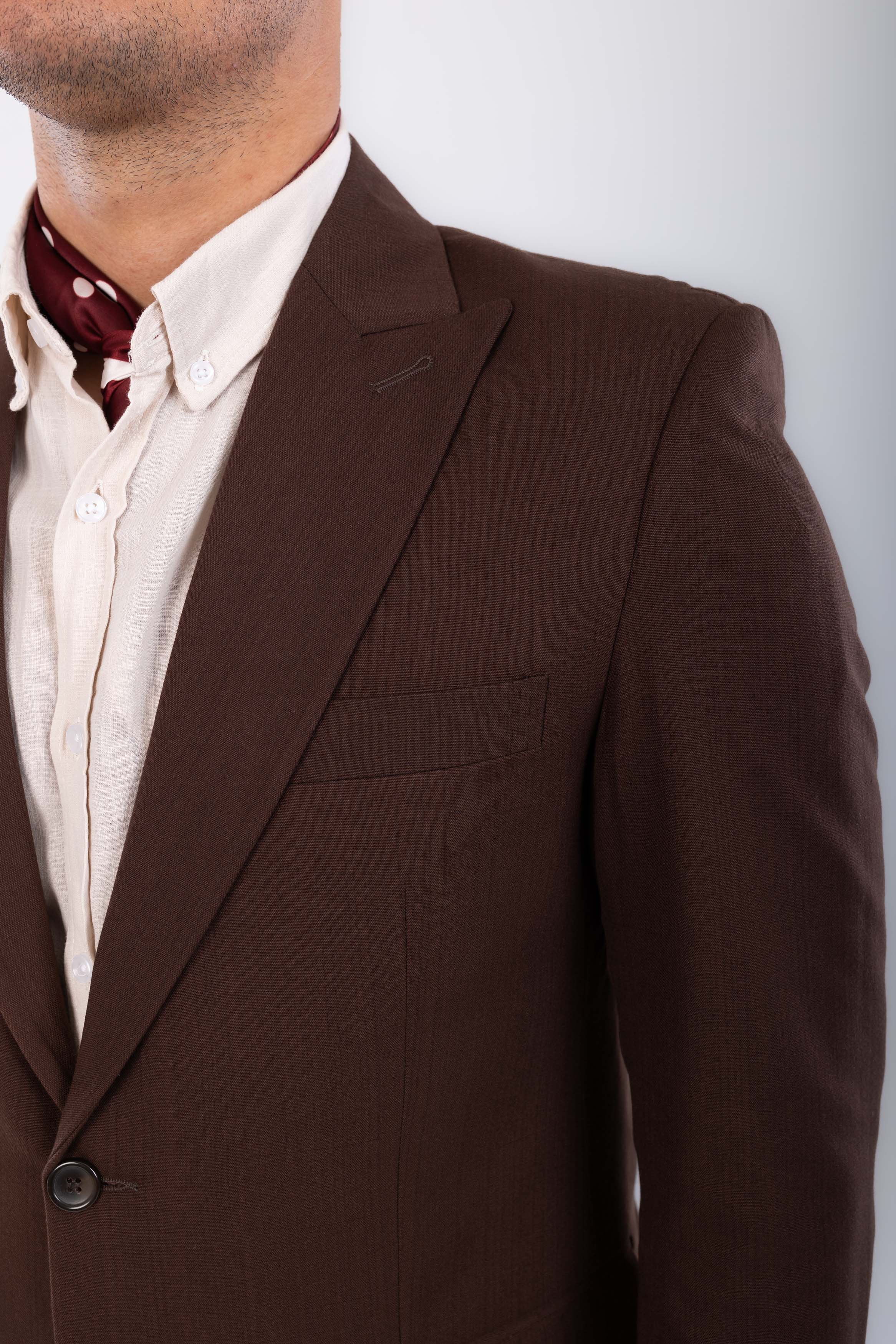 Linen peak lapel blazer-Brown