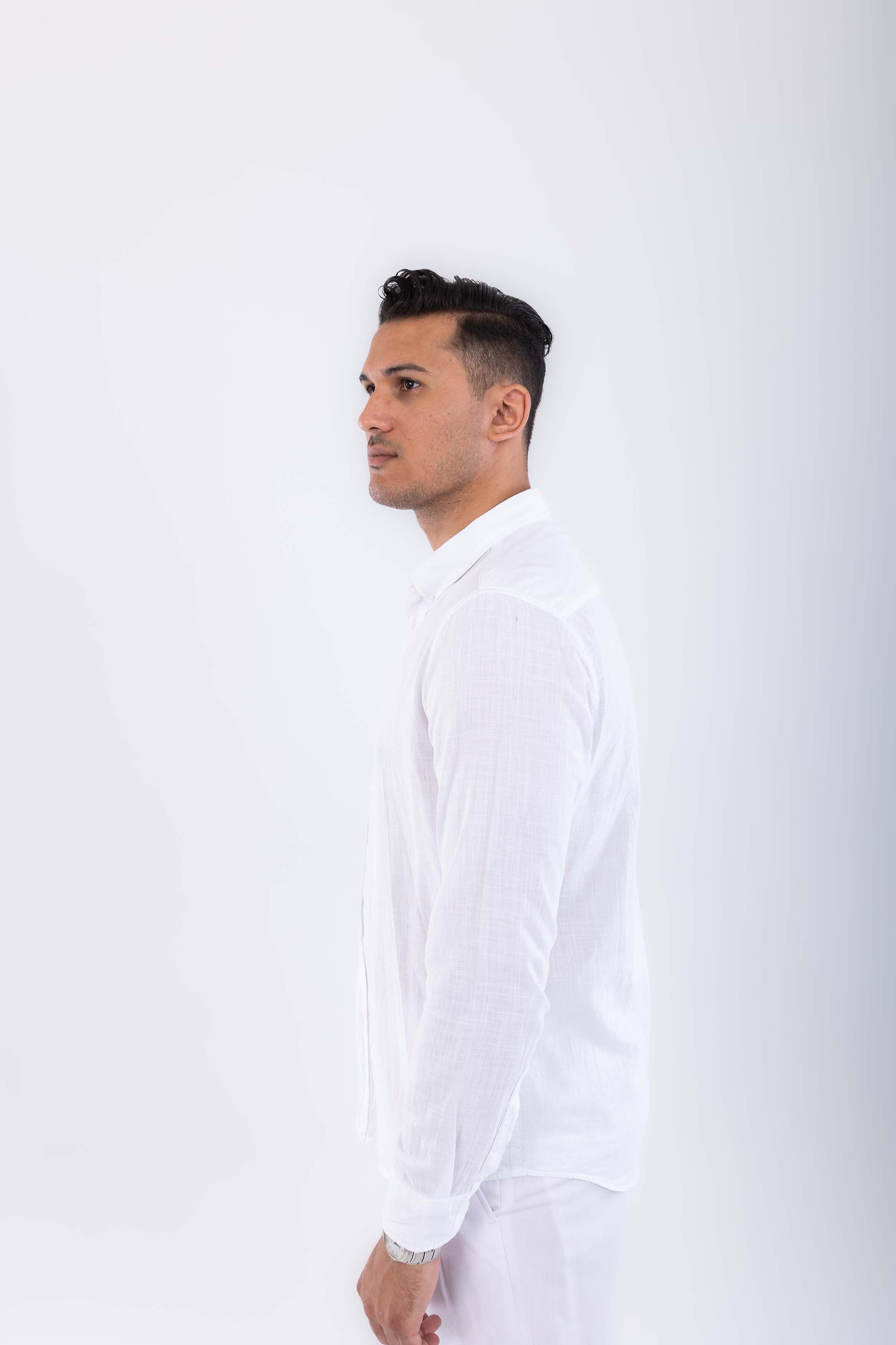 regular fit button down collar linen sleeve long-White