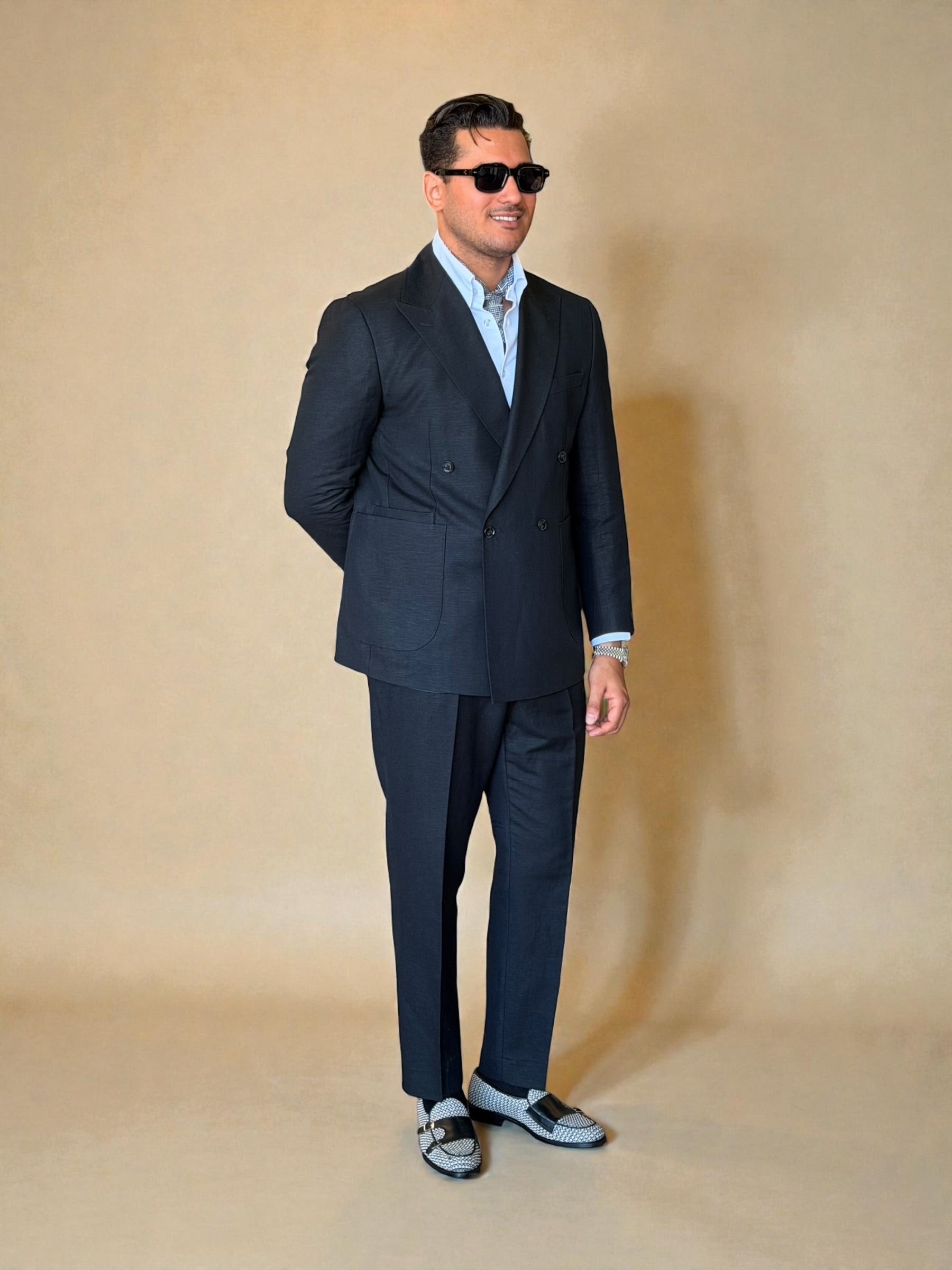 Pure linen double breasted suit - Black
