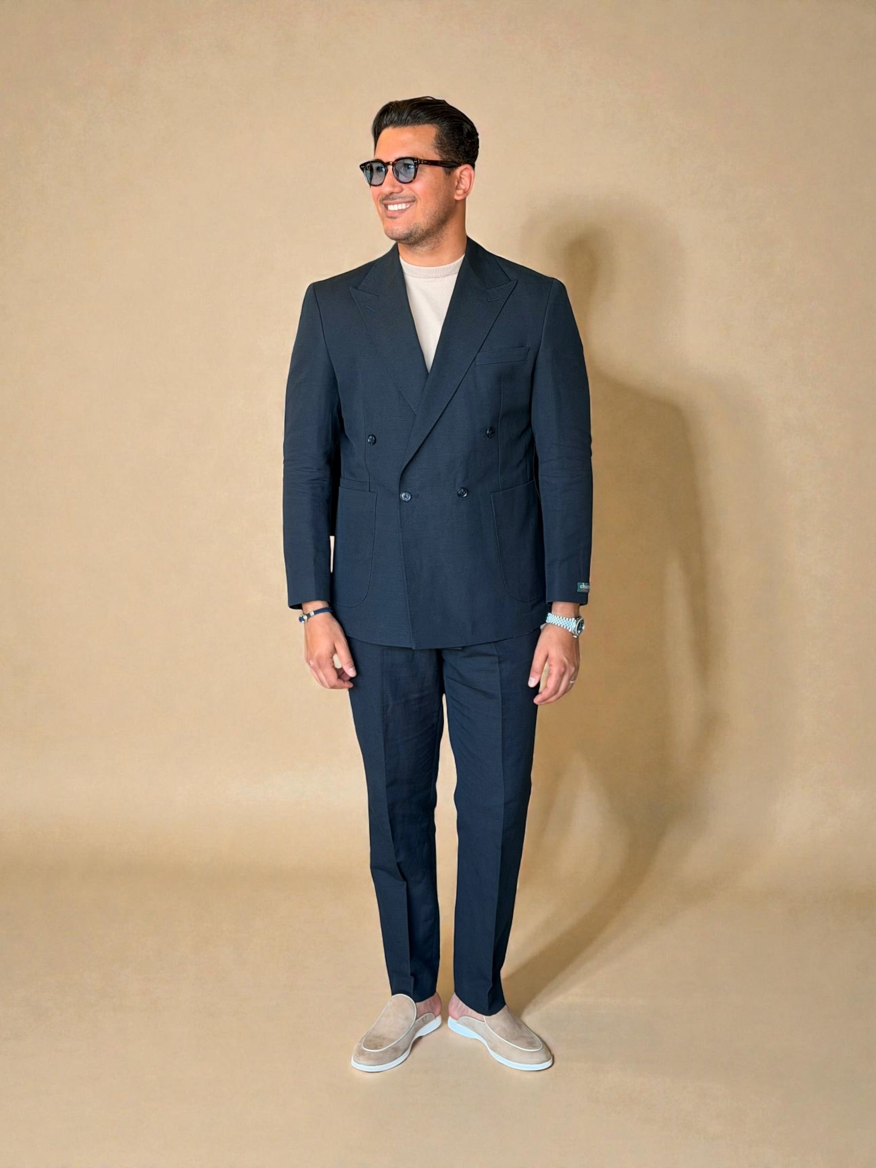 Pure linen double breasted suit - Navy