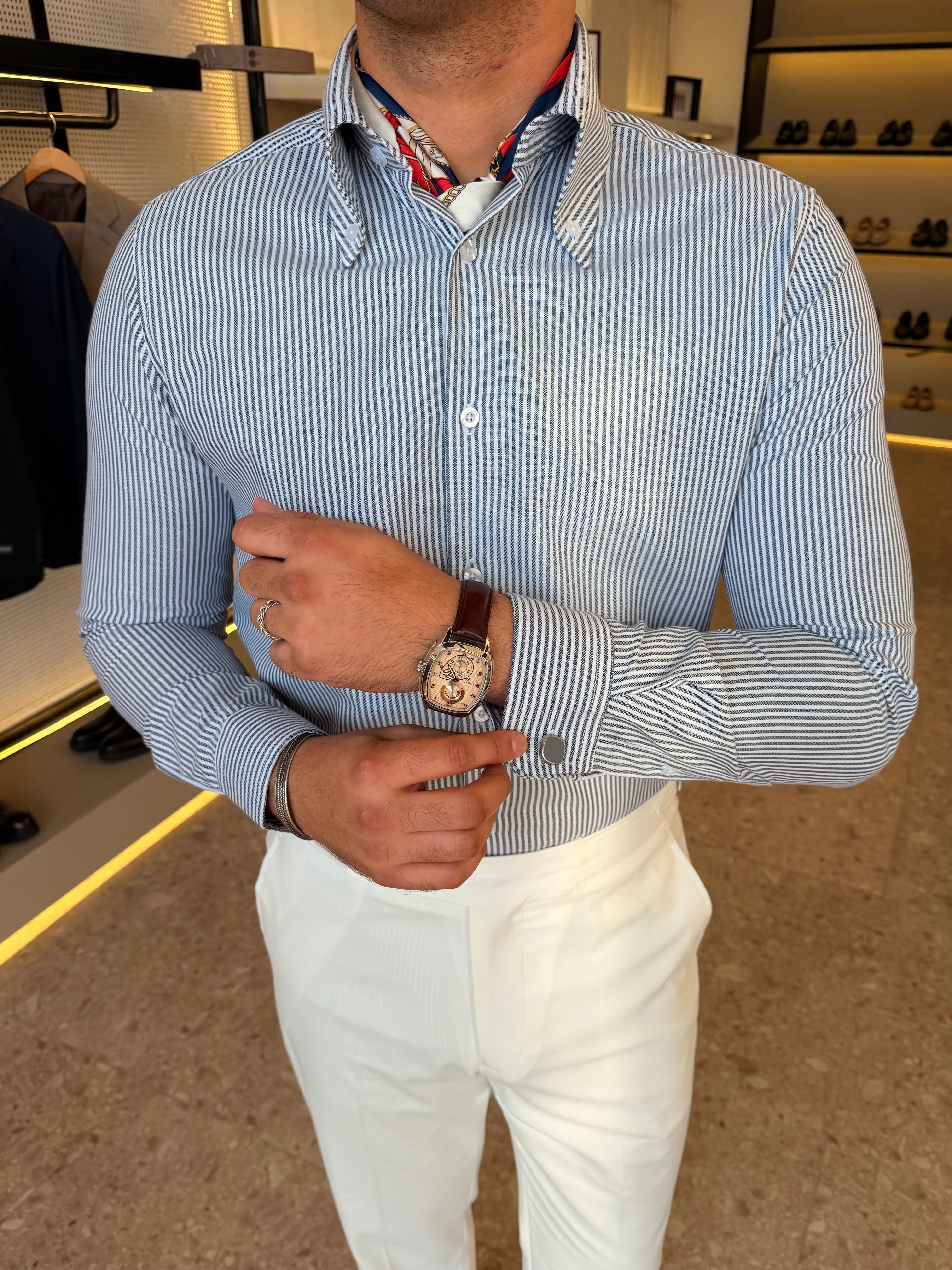 Button-Down Collar cotton Shirt – Navy striped