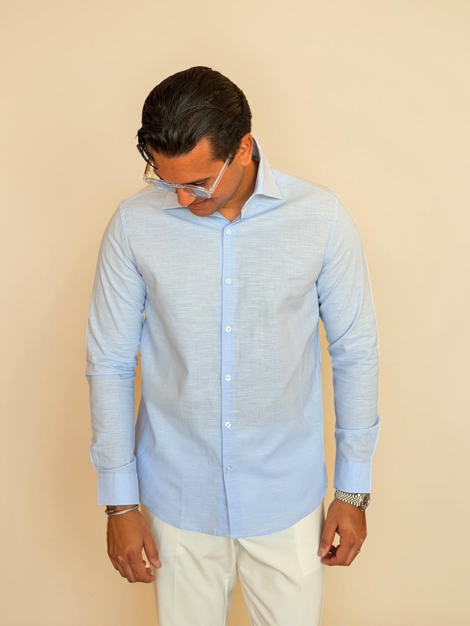 Spread collar pure linen chemise- Baby blue