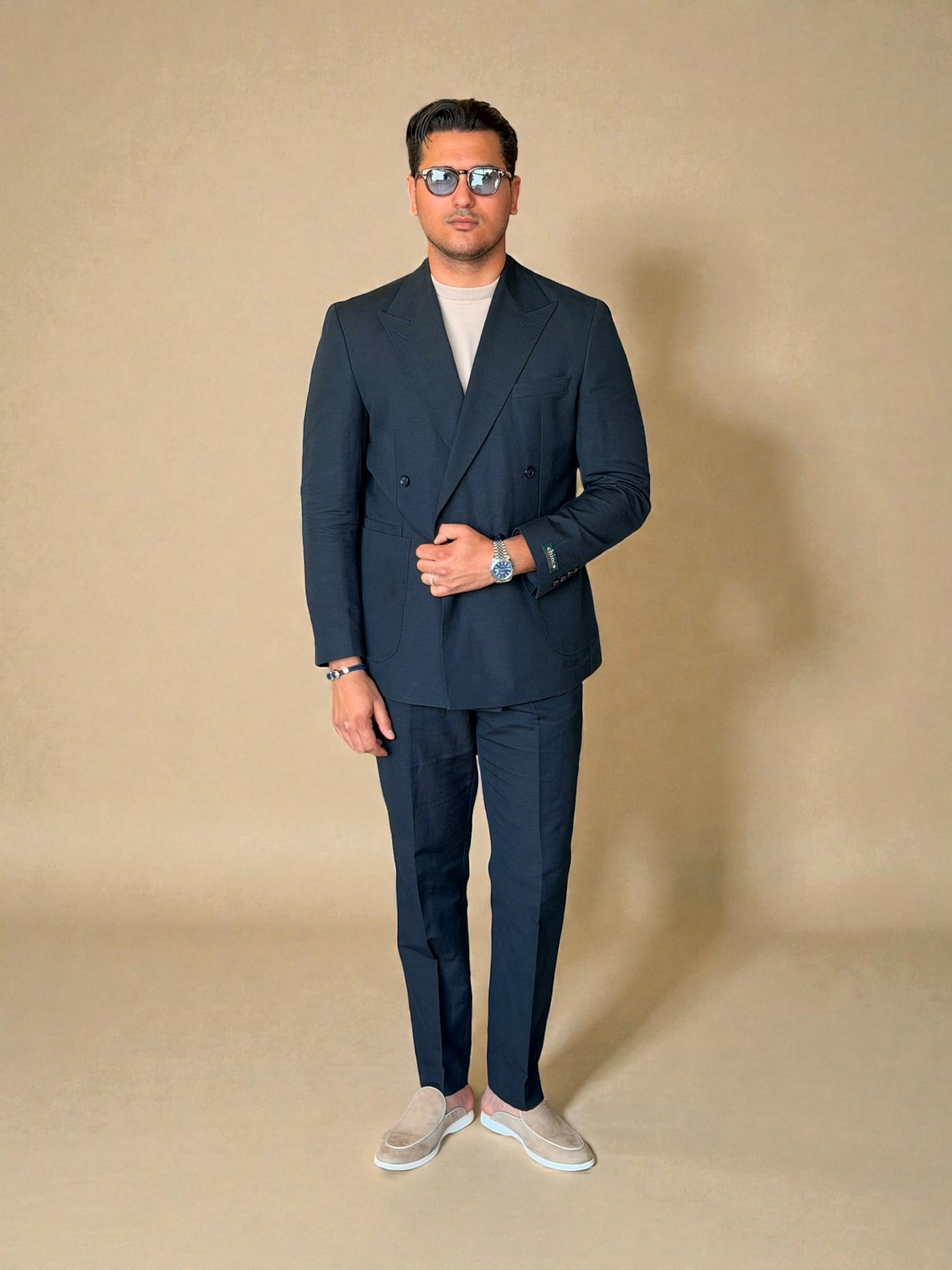 Pure linen double breasted suit - Navy
