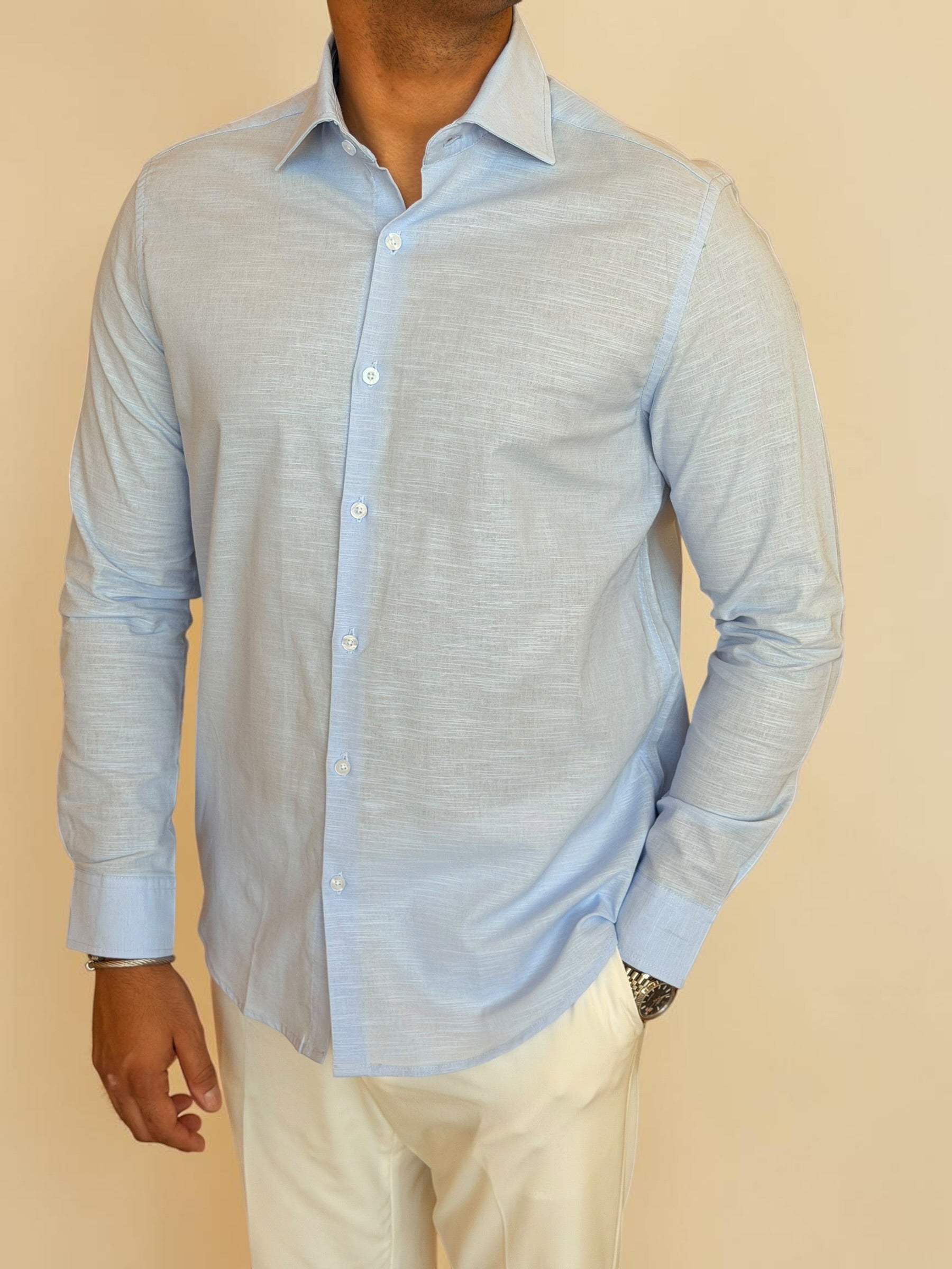 Spread collar pure linen chemise- Baby blue