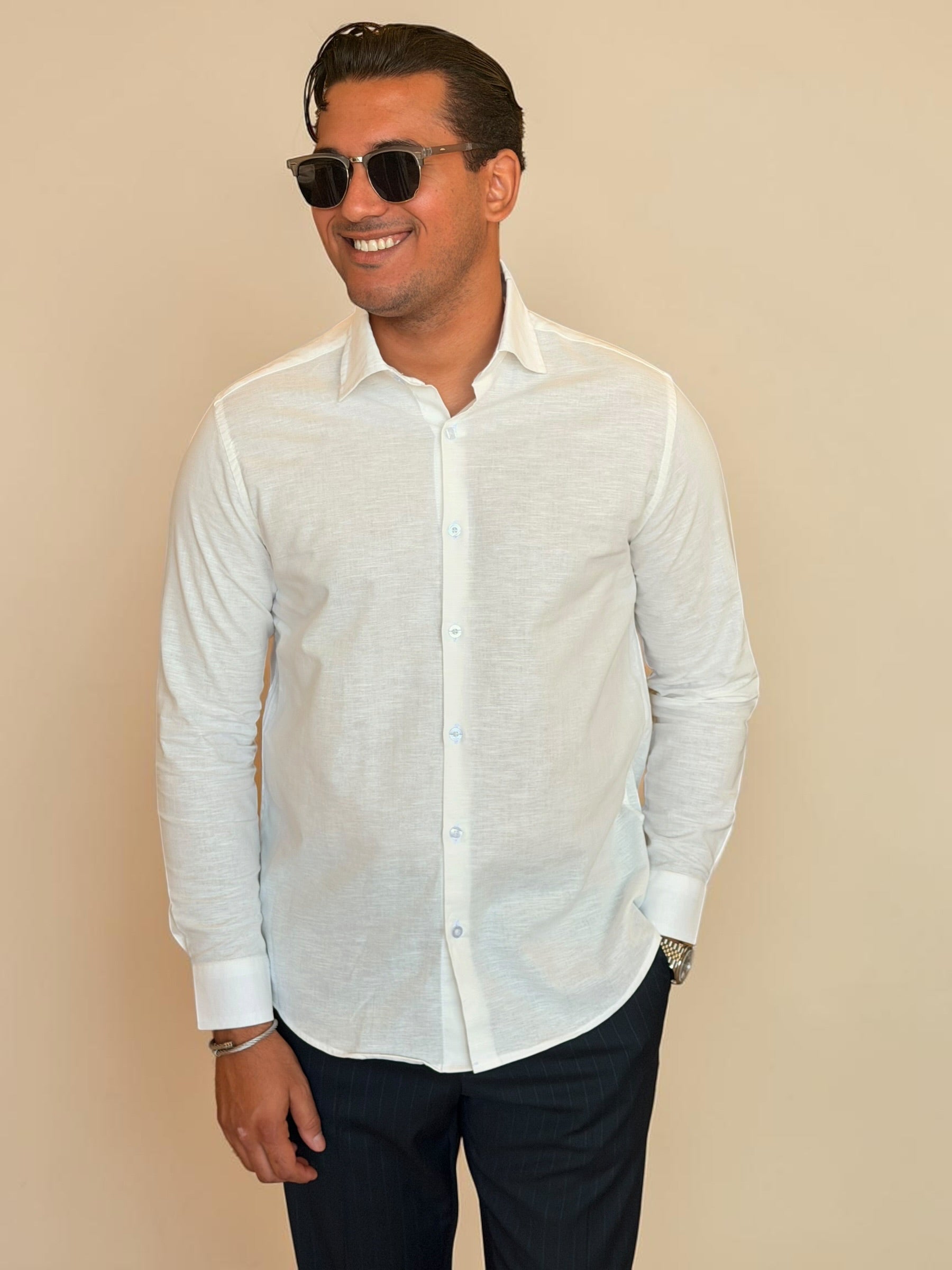 Spread collar pure linen chemise- Off white