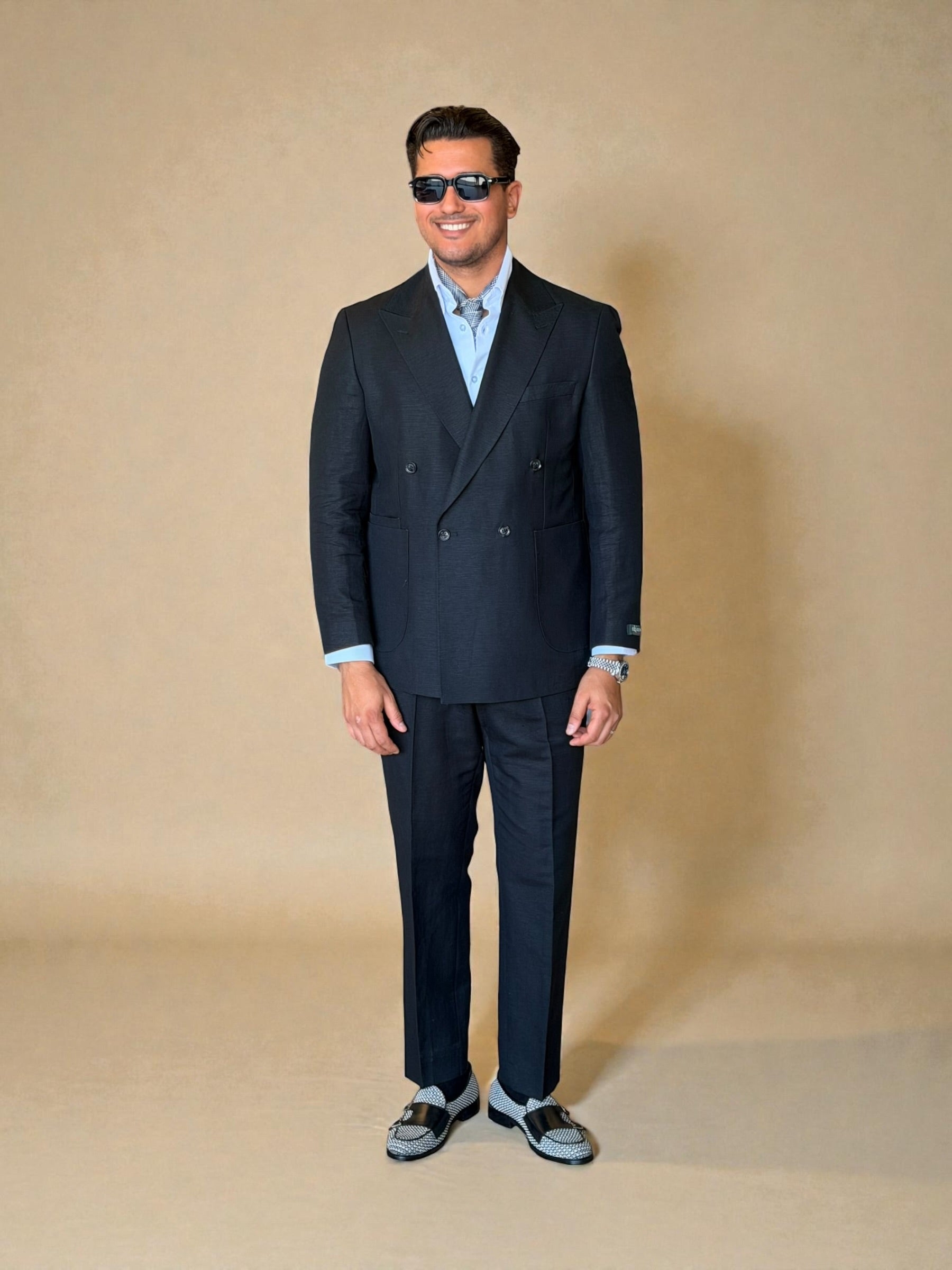 Pure linen double breasted suit - Black