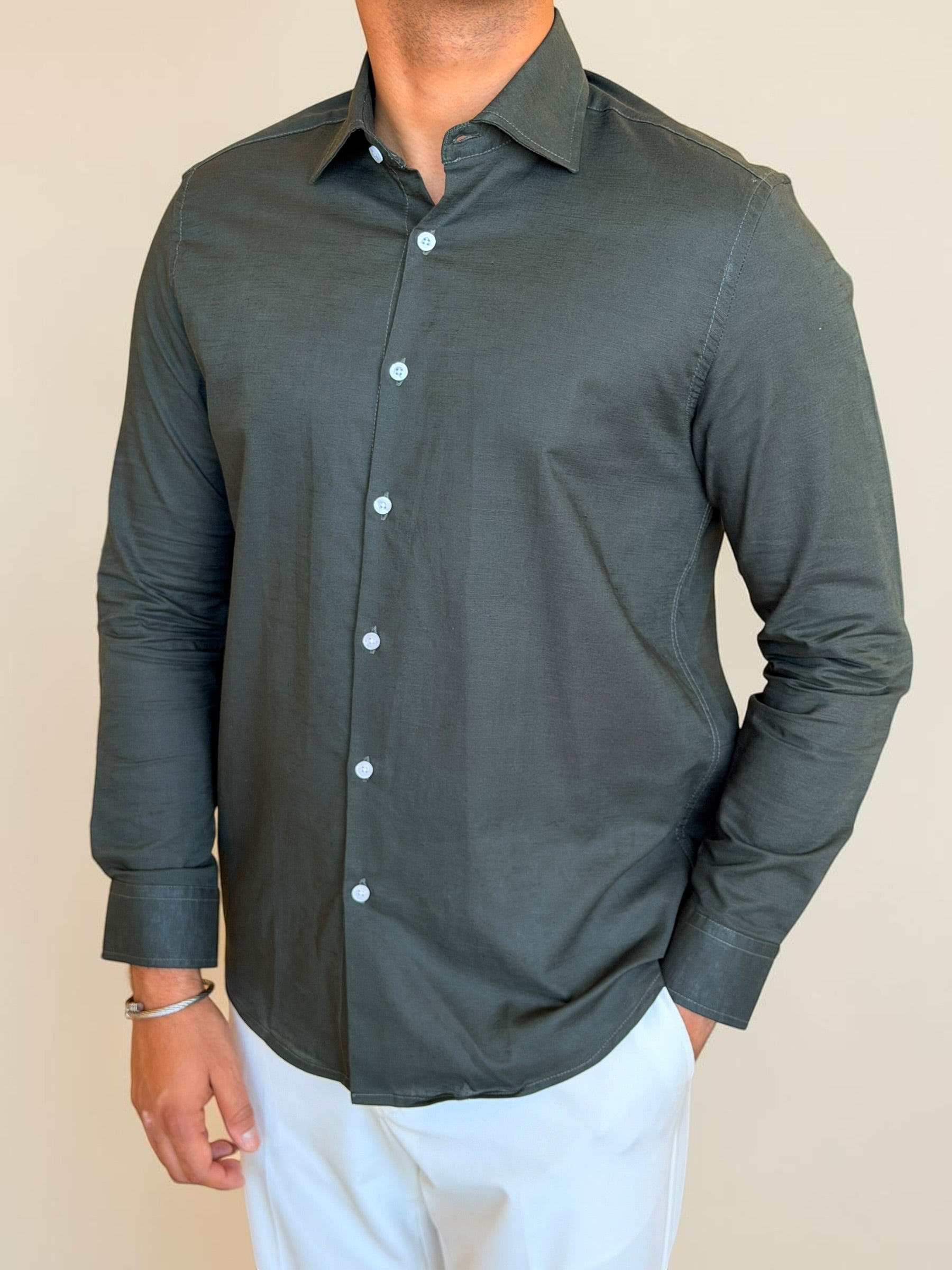 Spread collar pure linen chemise- Olive
