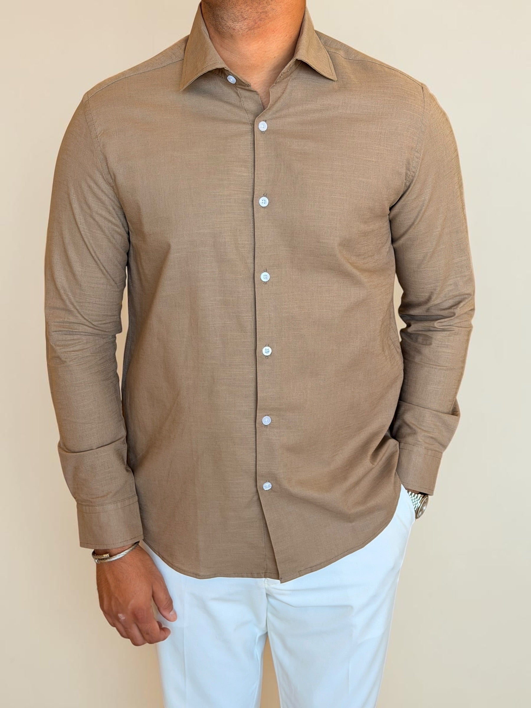 Spread collar pure linen chemise- Cacao