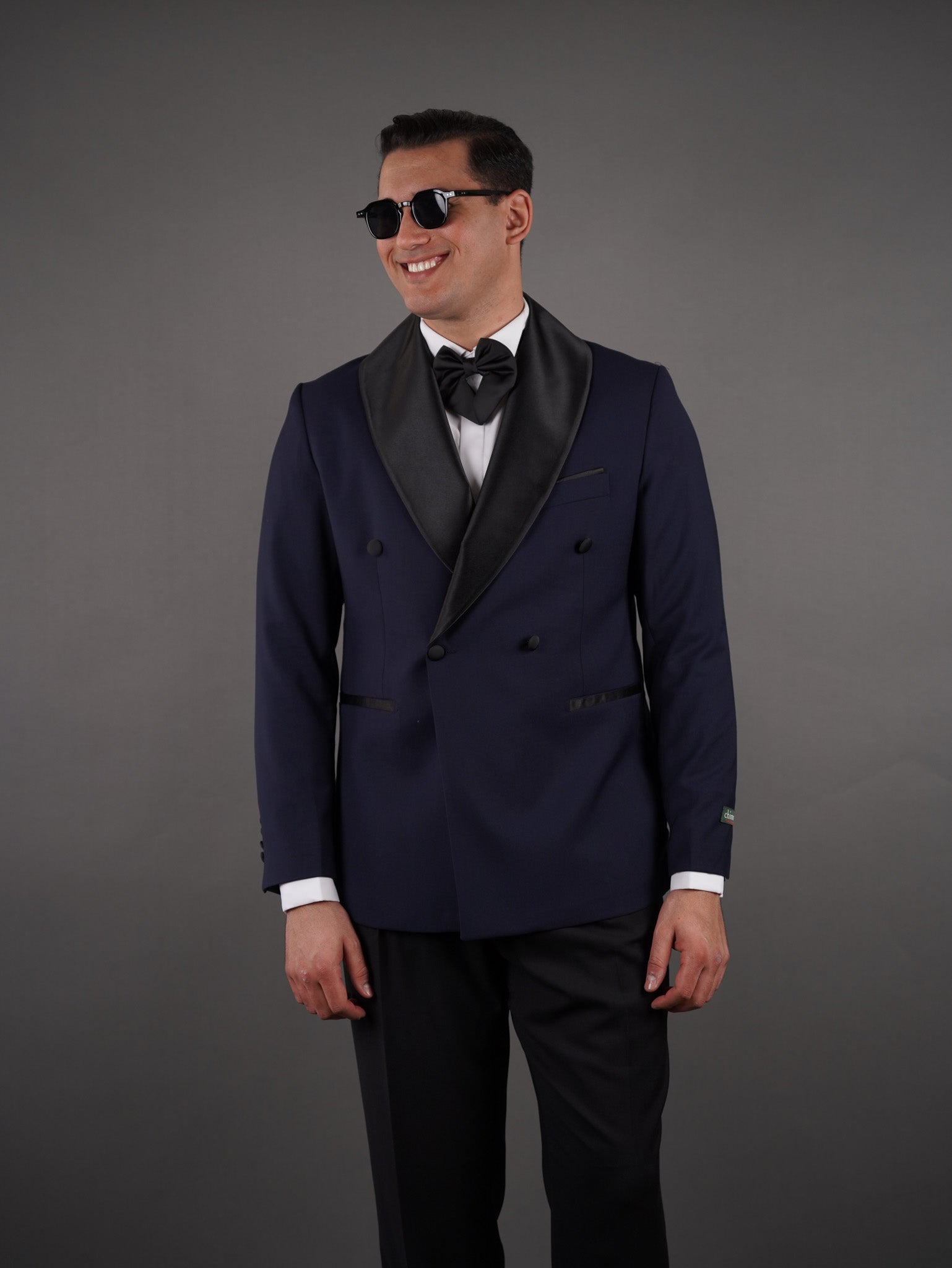 Double-Breasted Wide Shawl Collar Blazer - Navy