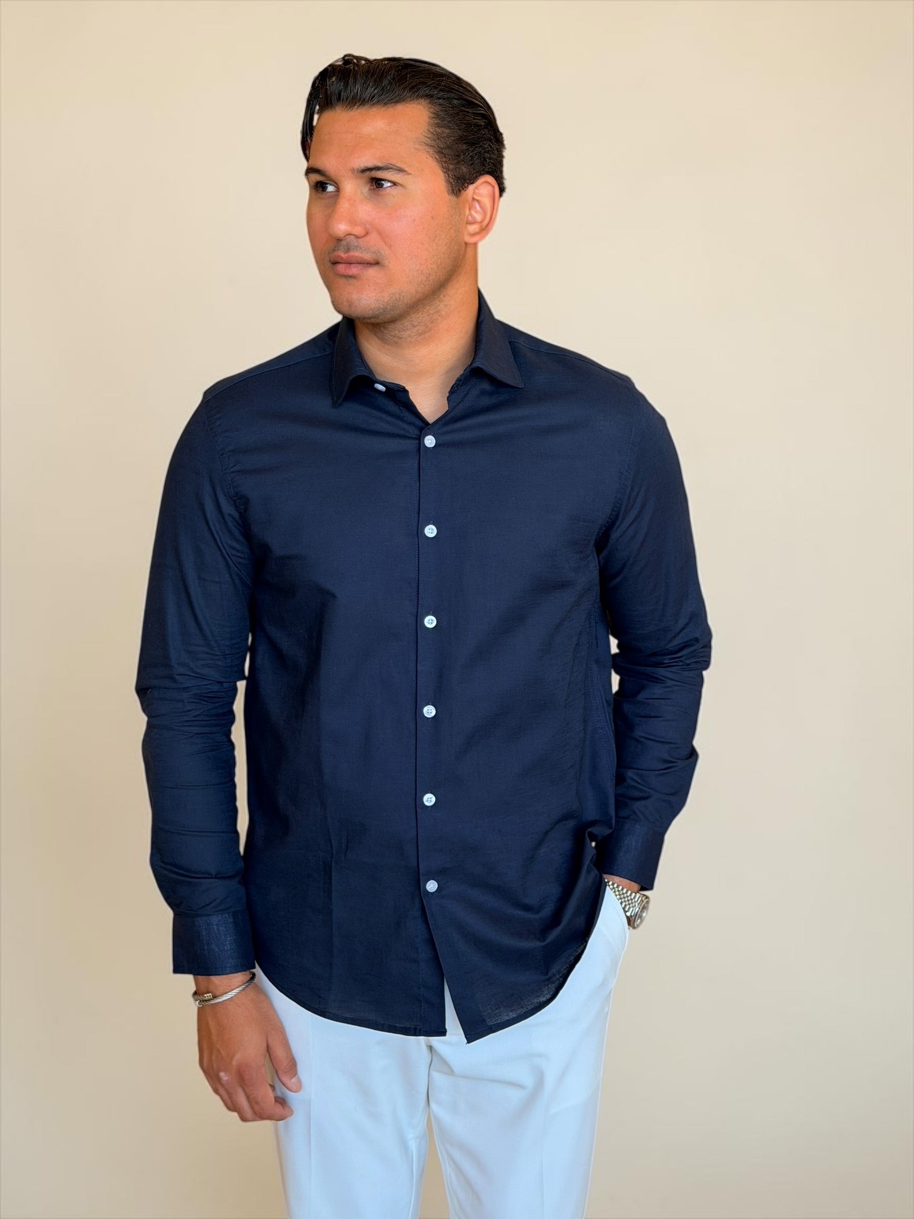 Spread collar pure linen chemise- Navy