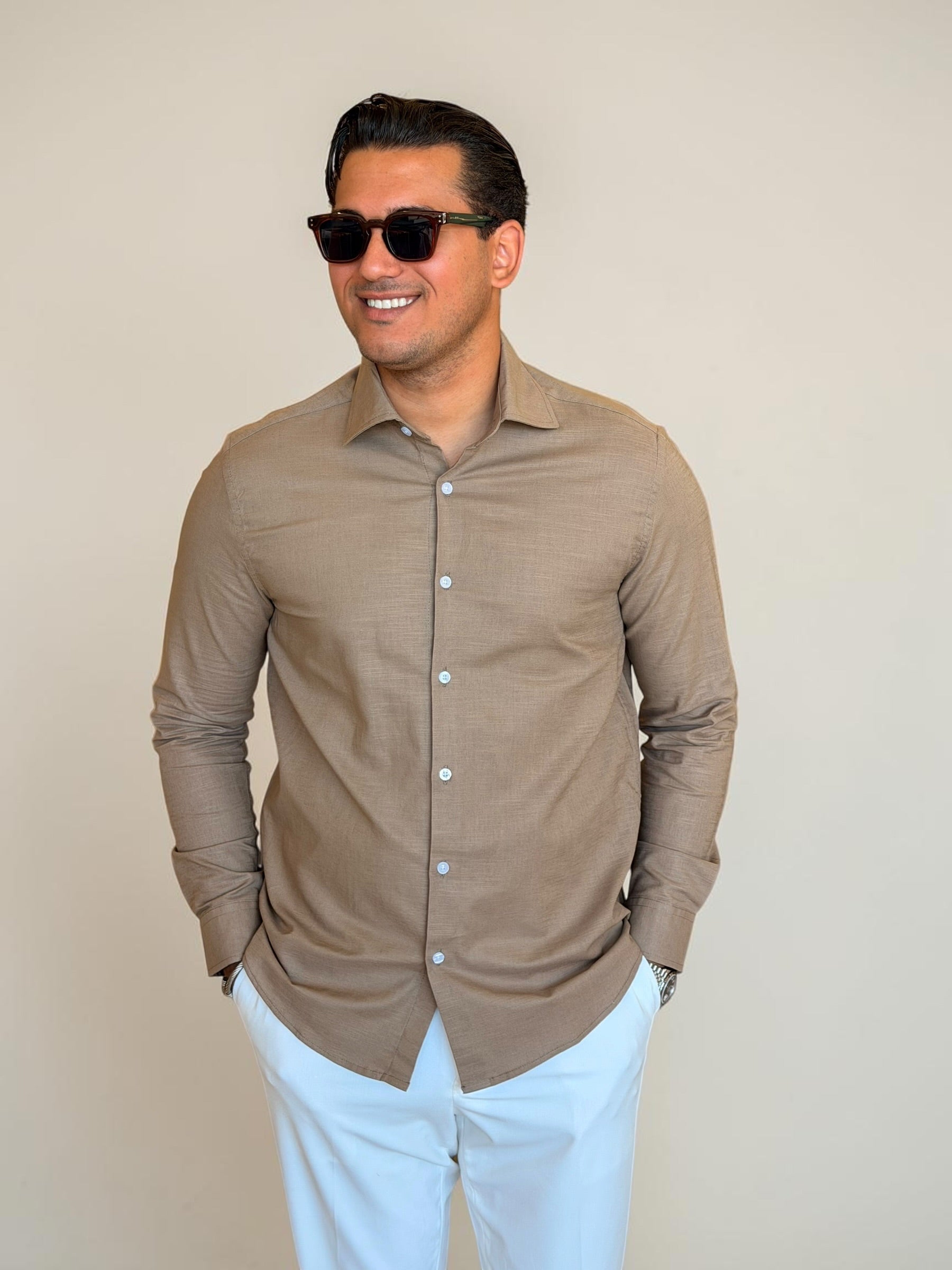Spread collar pure linen chemise- Cacao
