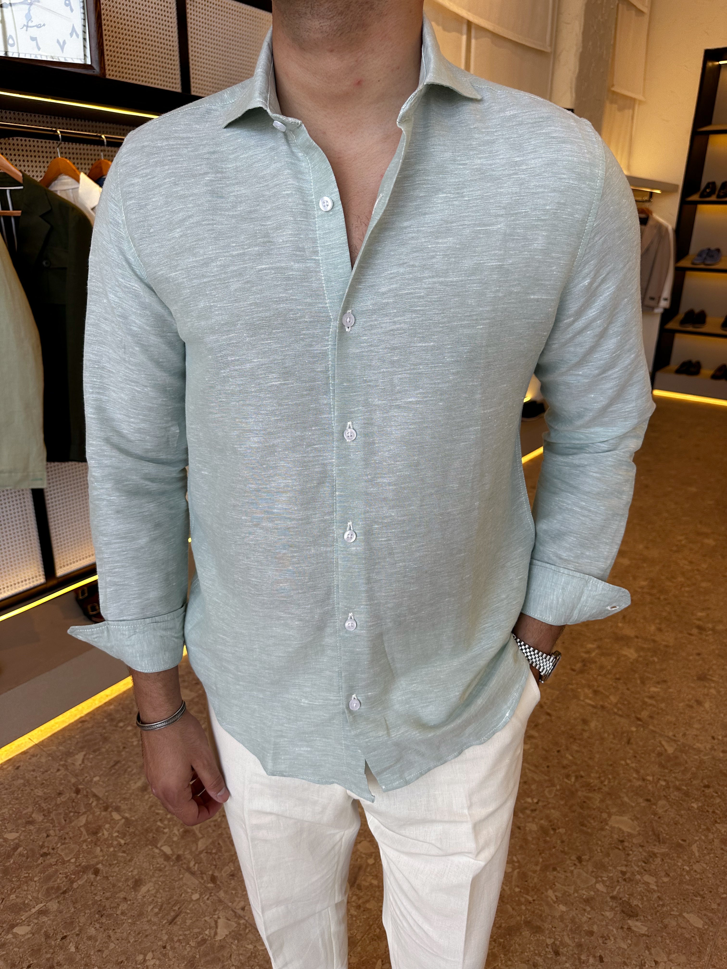 Spread collar pure linen chemise- green