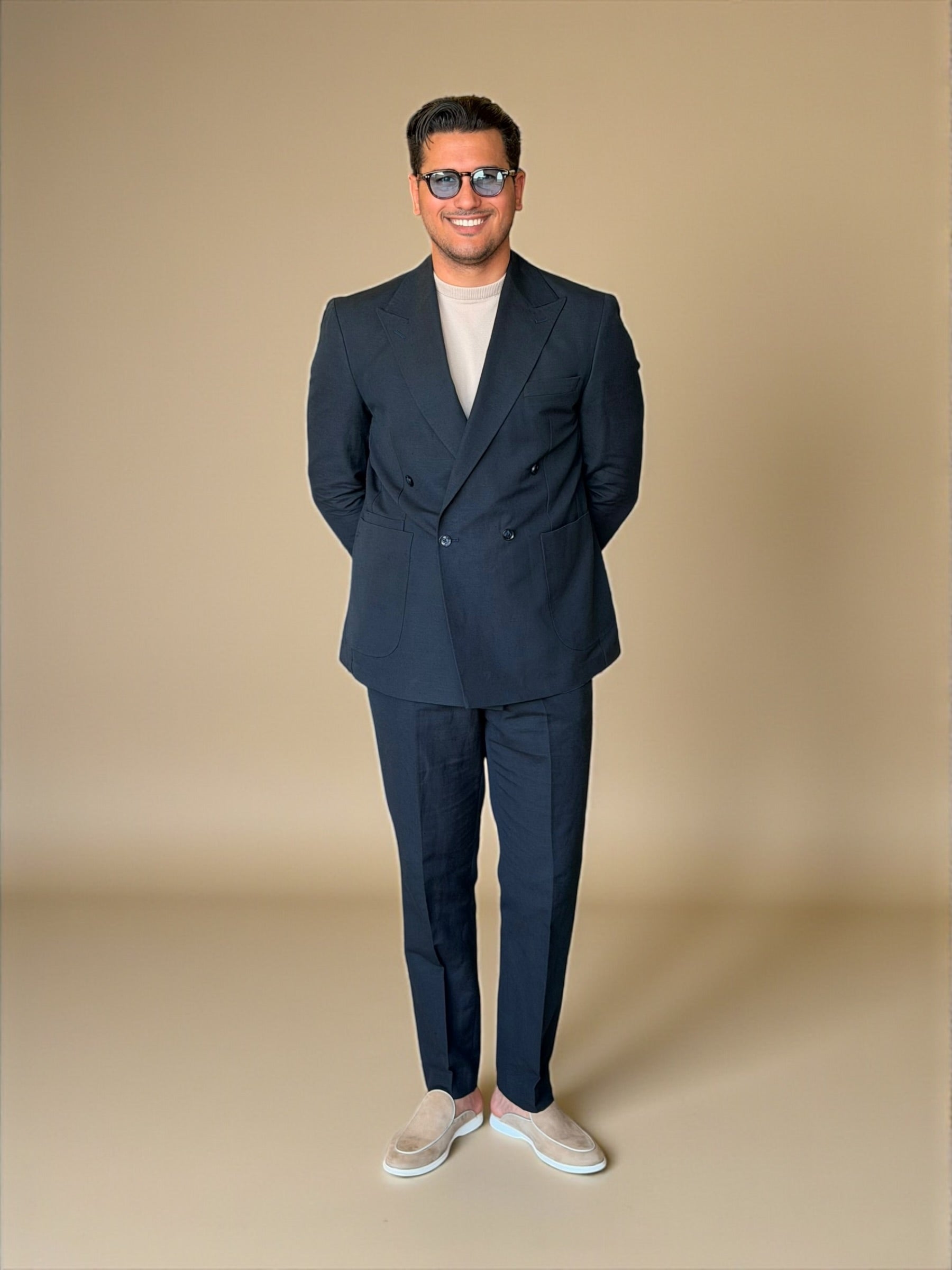 Pure linen double breasted suit - Navy