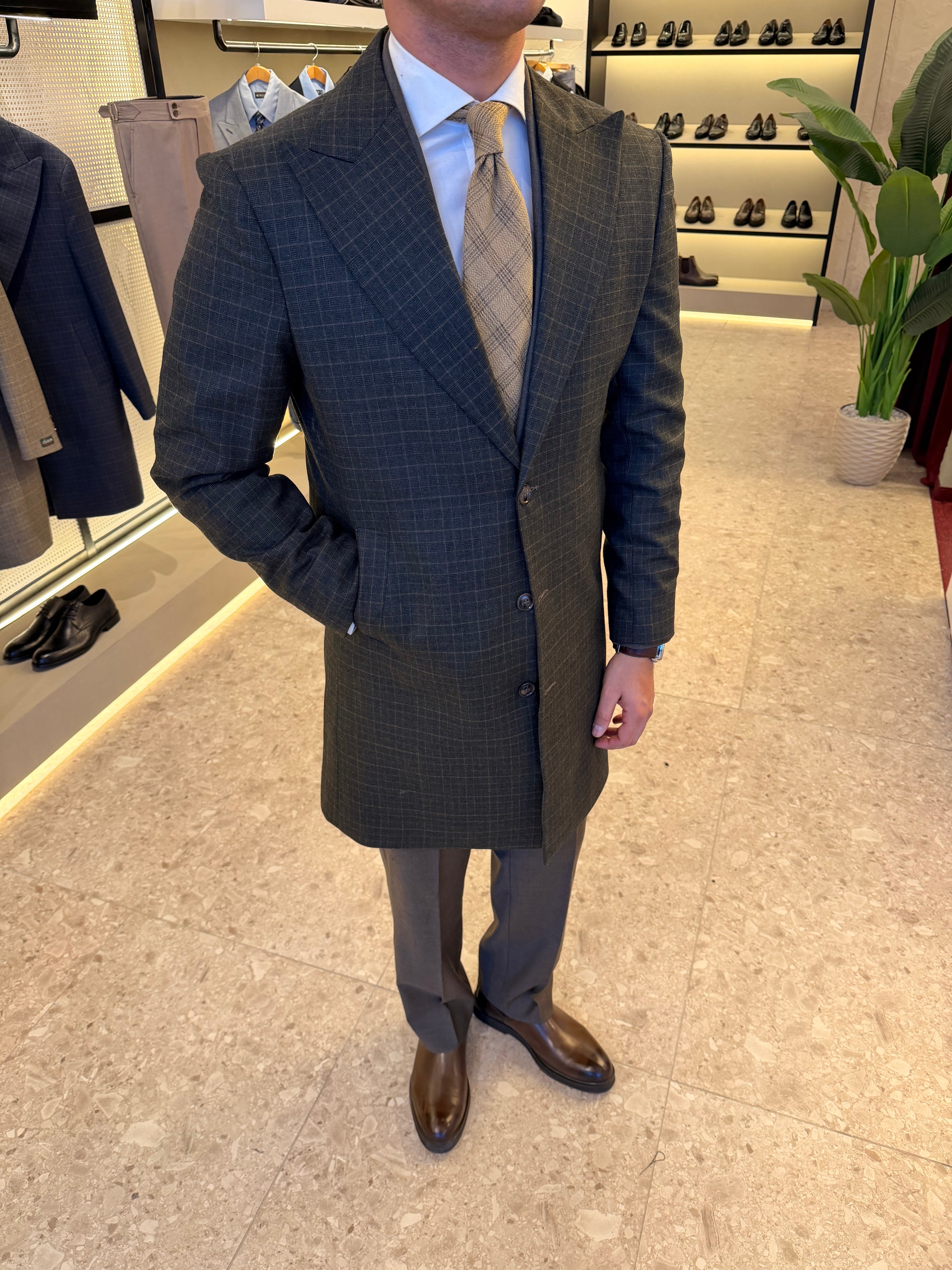 WOOL BLEND CHECKS COAT - OLIVE