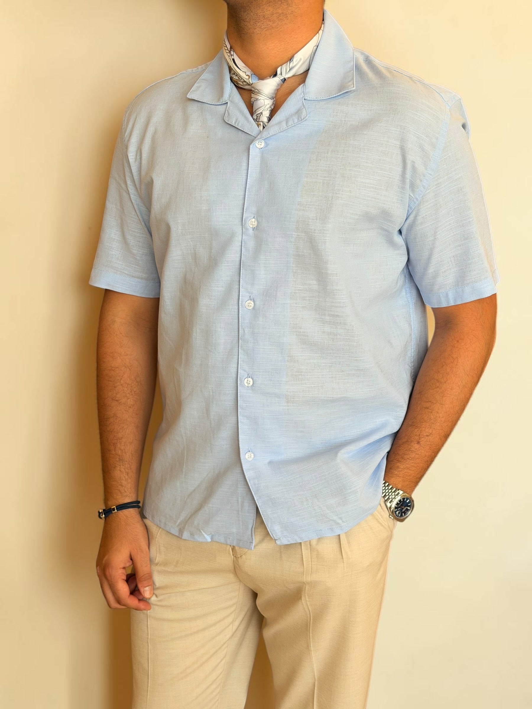 Linen Cuban Shirt - Baby blue