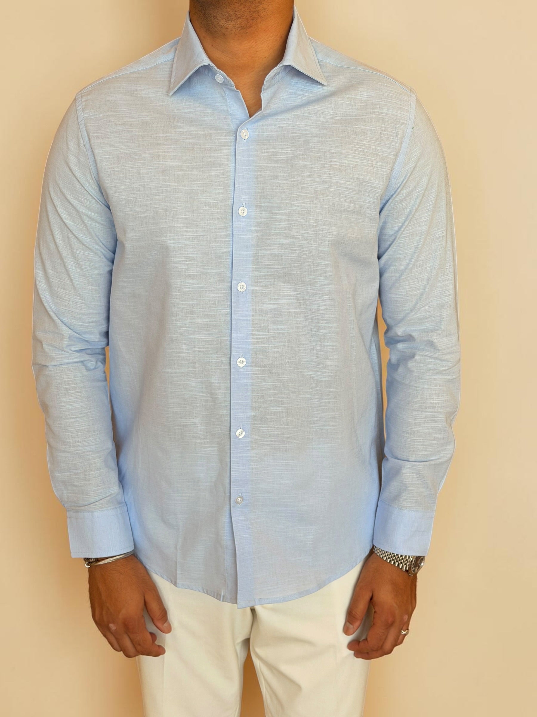 Spread collar pure linen chemise- Baby blue
