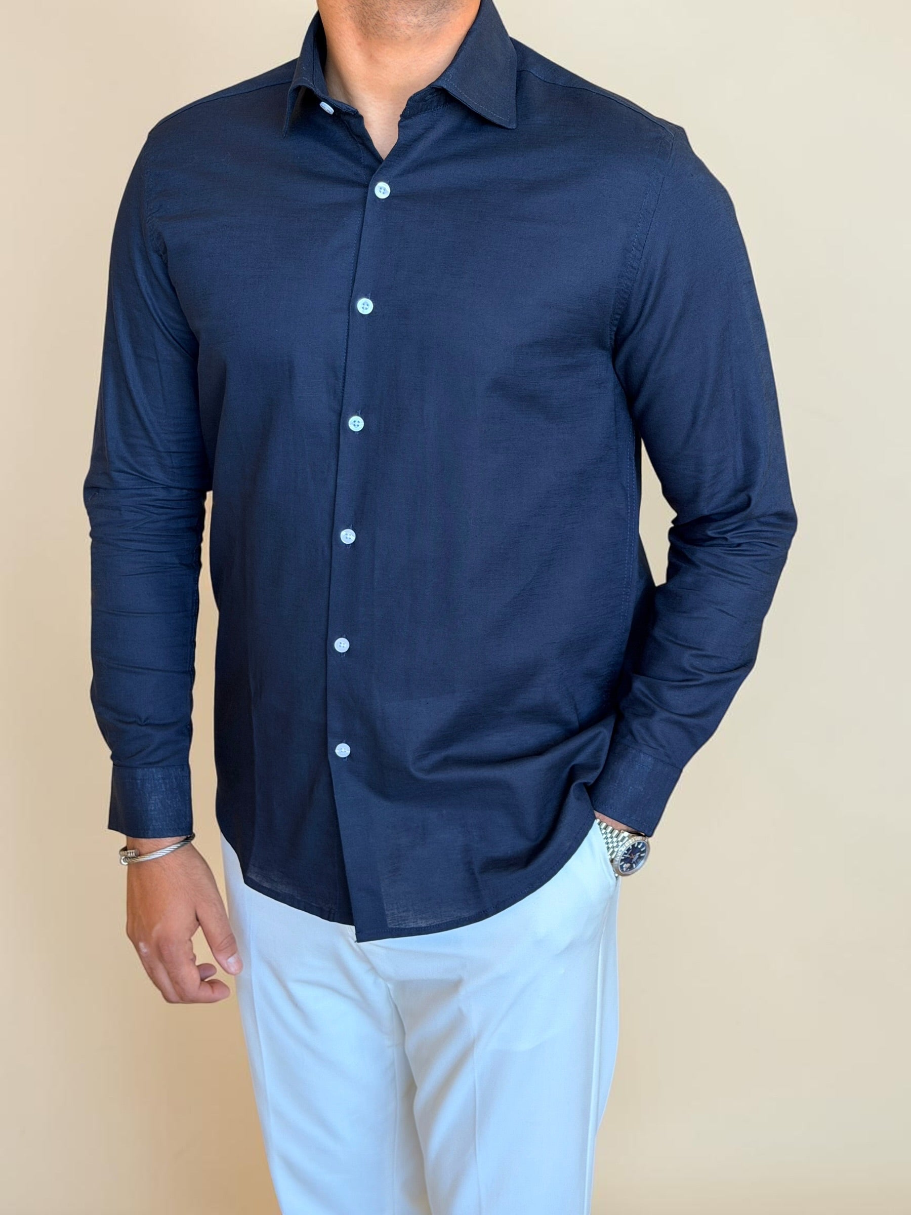 Spread collar pure linen chemise- Navy