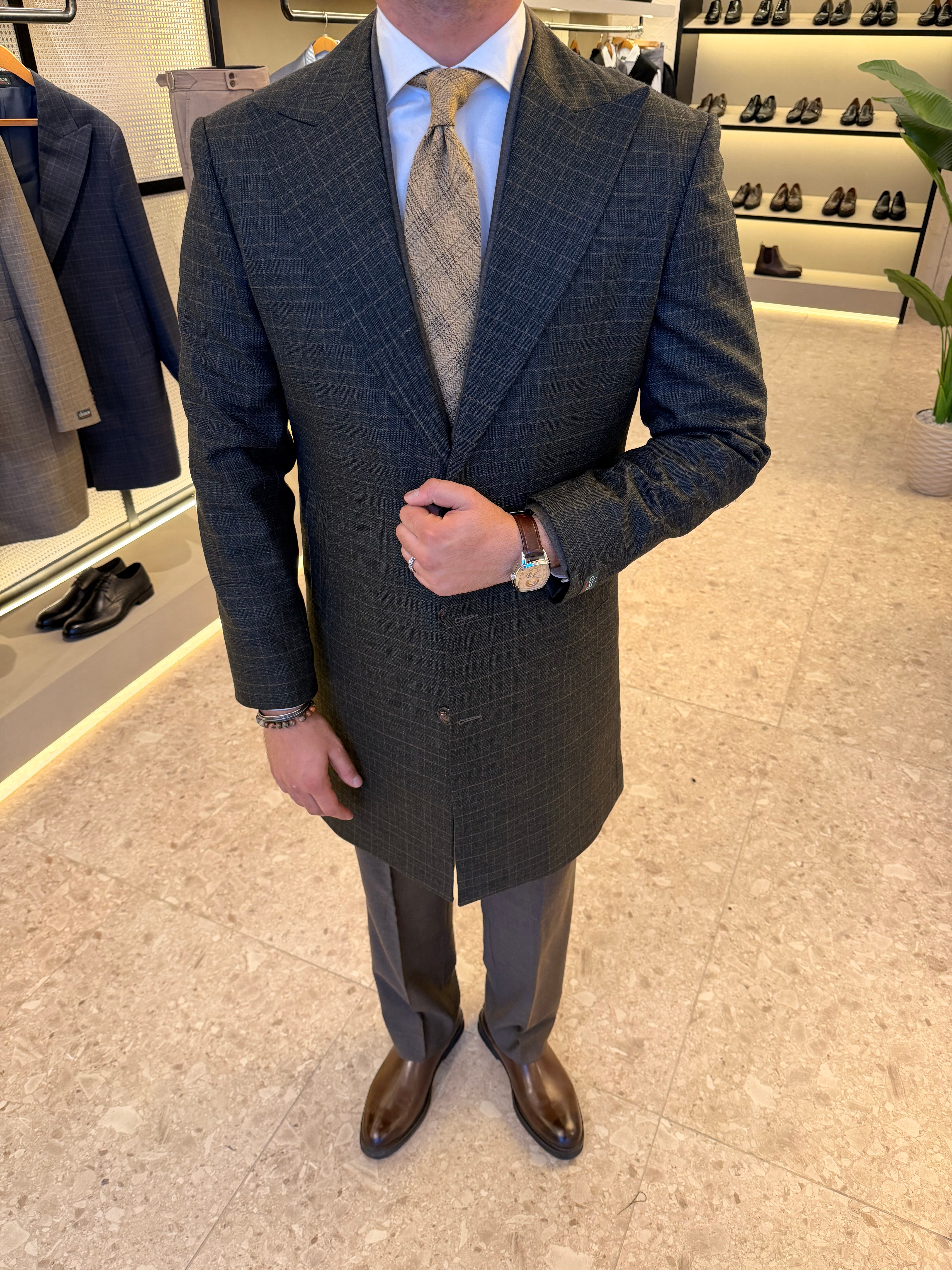 WOOL BLEND CHECKS COAT - OLIVE
