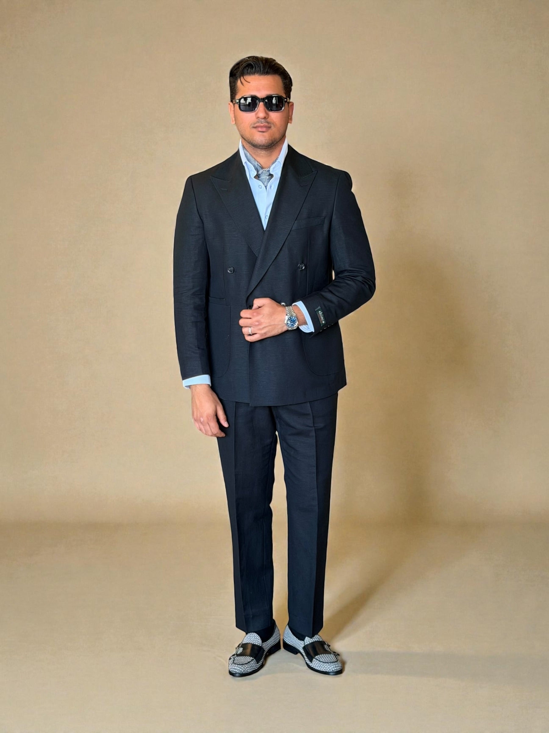 Pure linen double breasted suit - Black