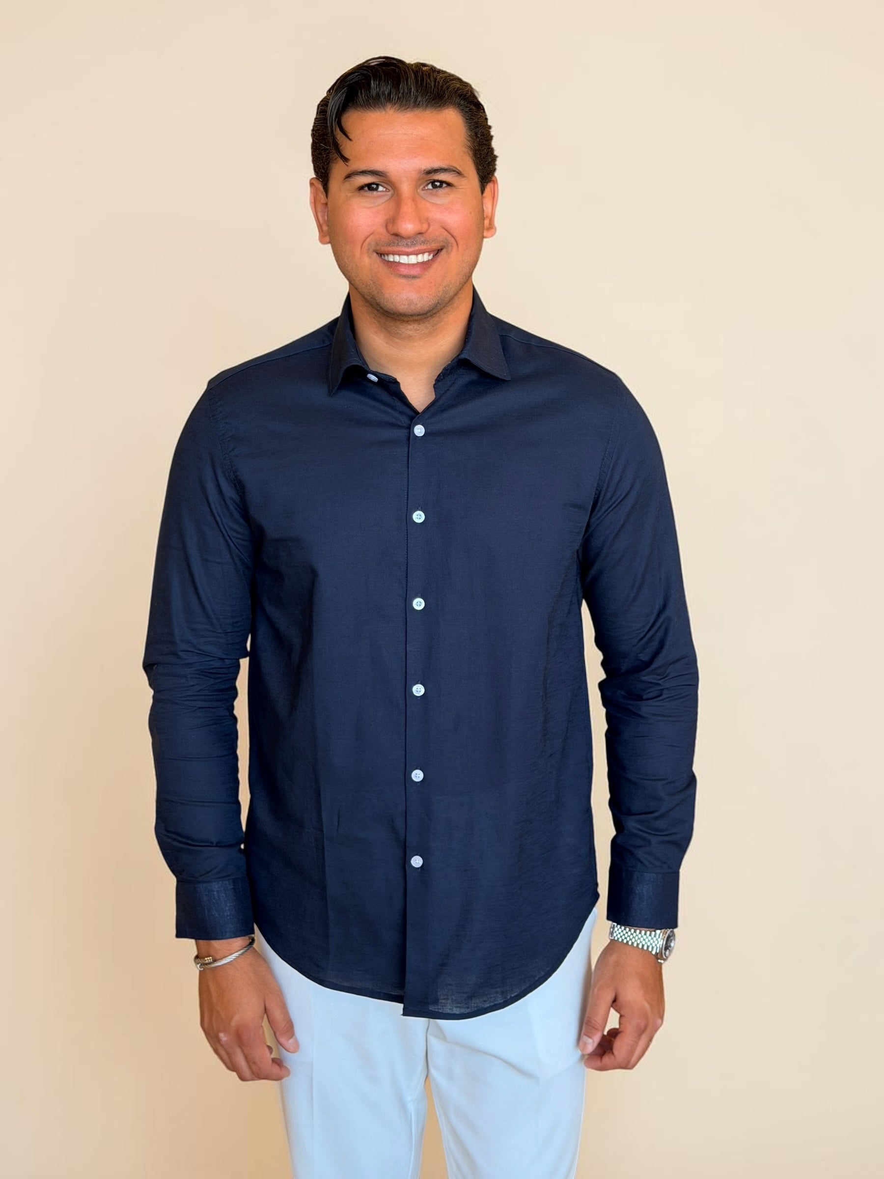 Spread collar pure linen chemise- Navy