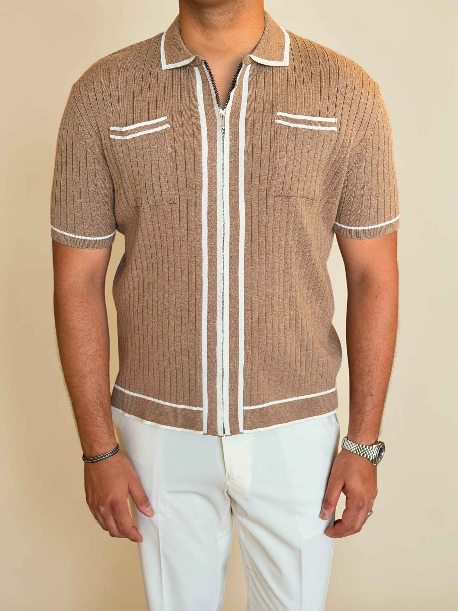 Zipper knitted polo - Beige