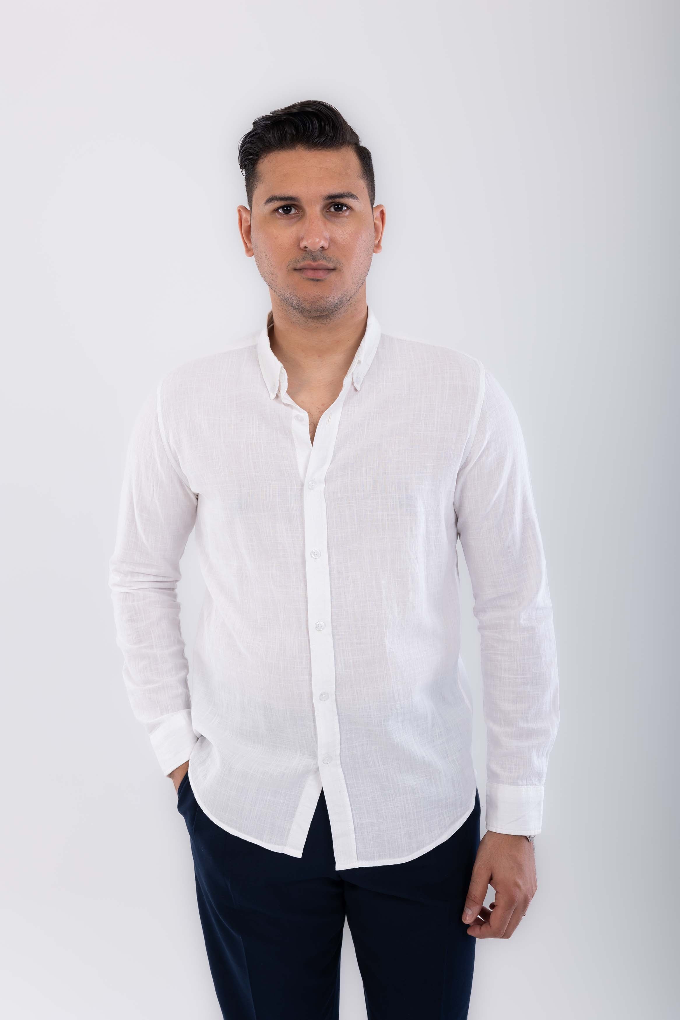 regular  fit button down collar  linen sleeve long- oFF White