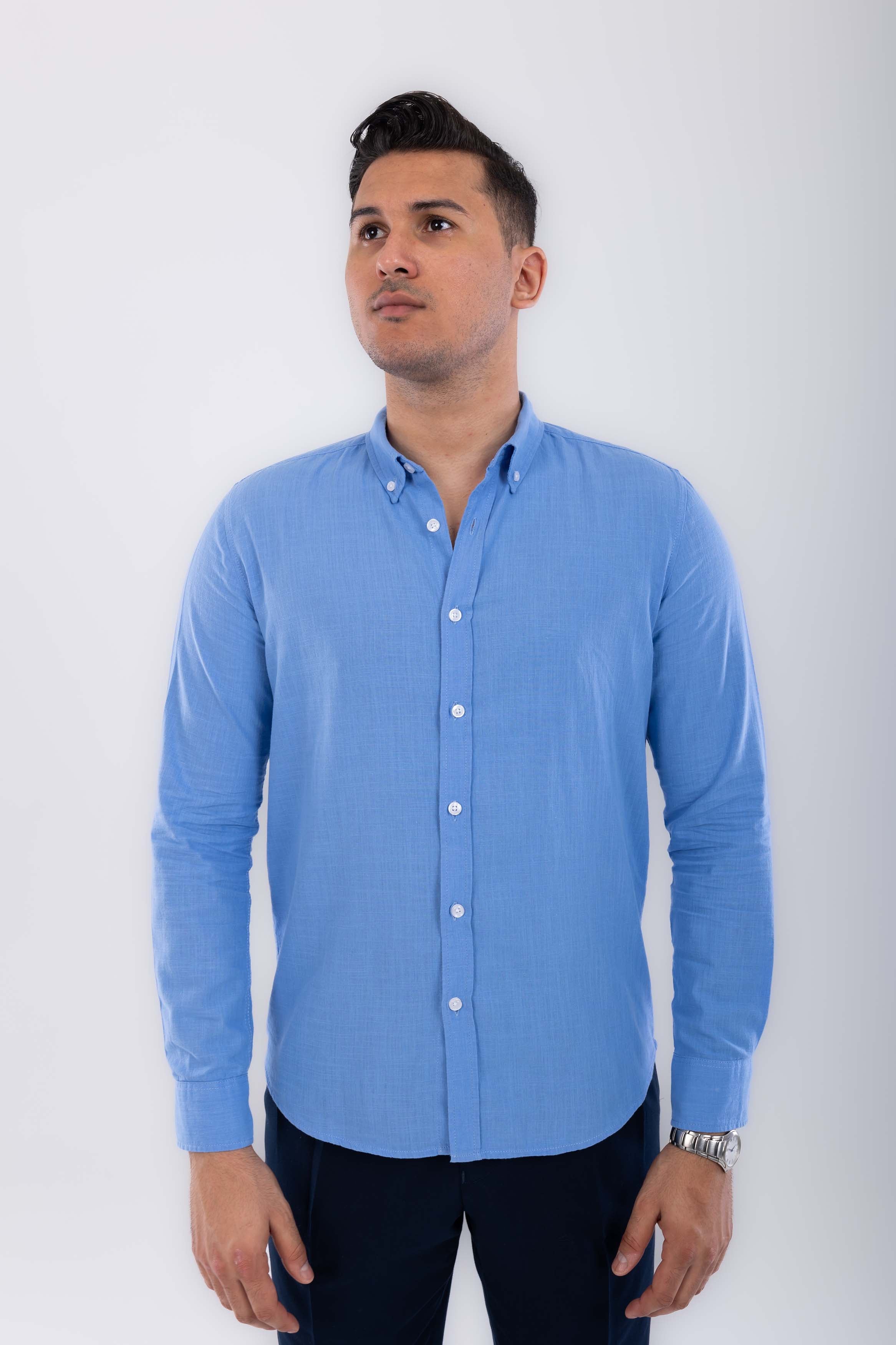 regular  fit button down collar  linen sleeve long-Blue
