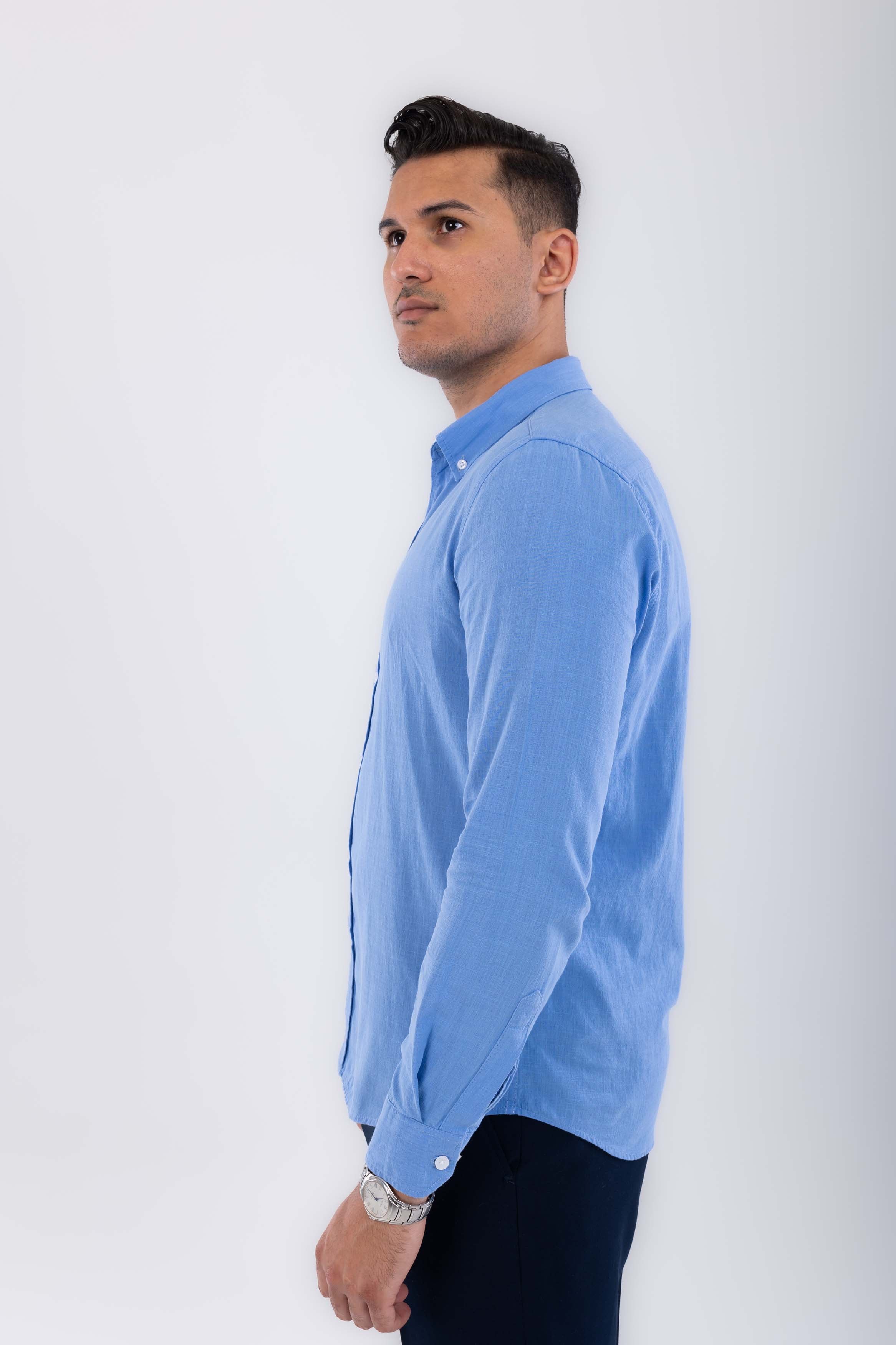 regular  fit button down collar  linen sleeve long-Blue