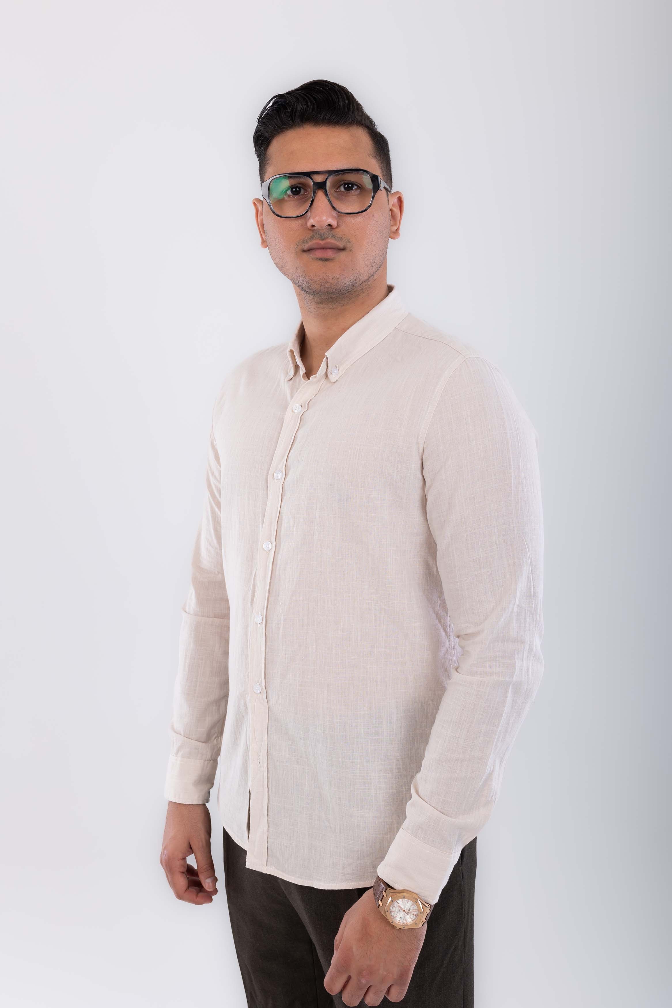 regular  fit button down collar  linen sleeve long-Beig
