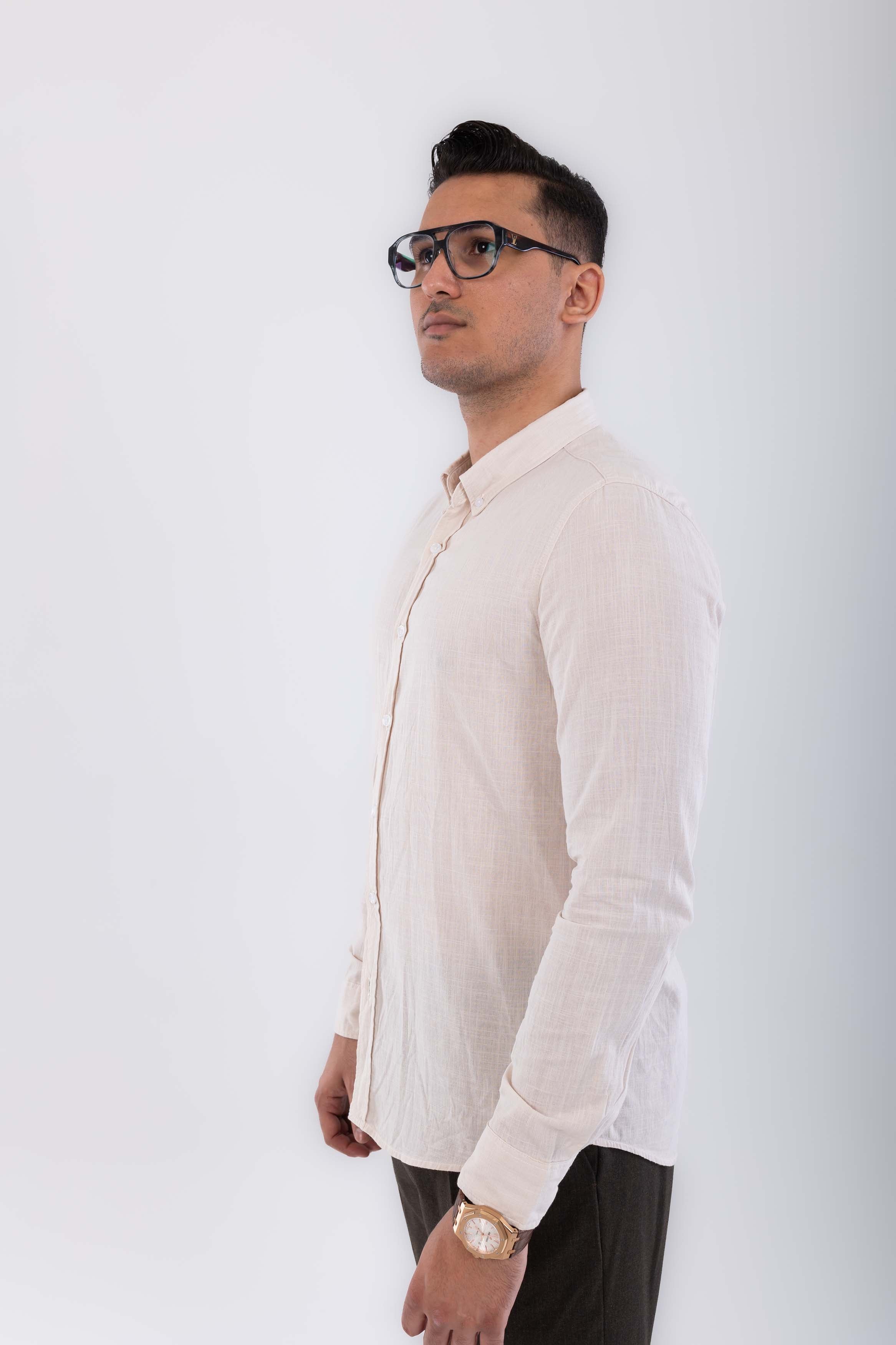 regular  fit button down collar  linen sleeve long-Beig