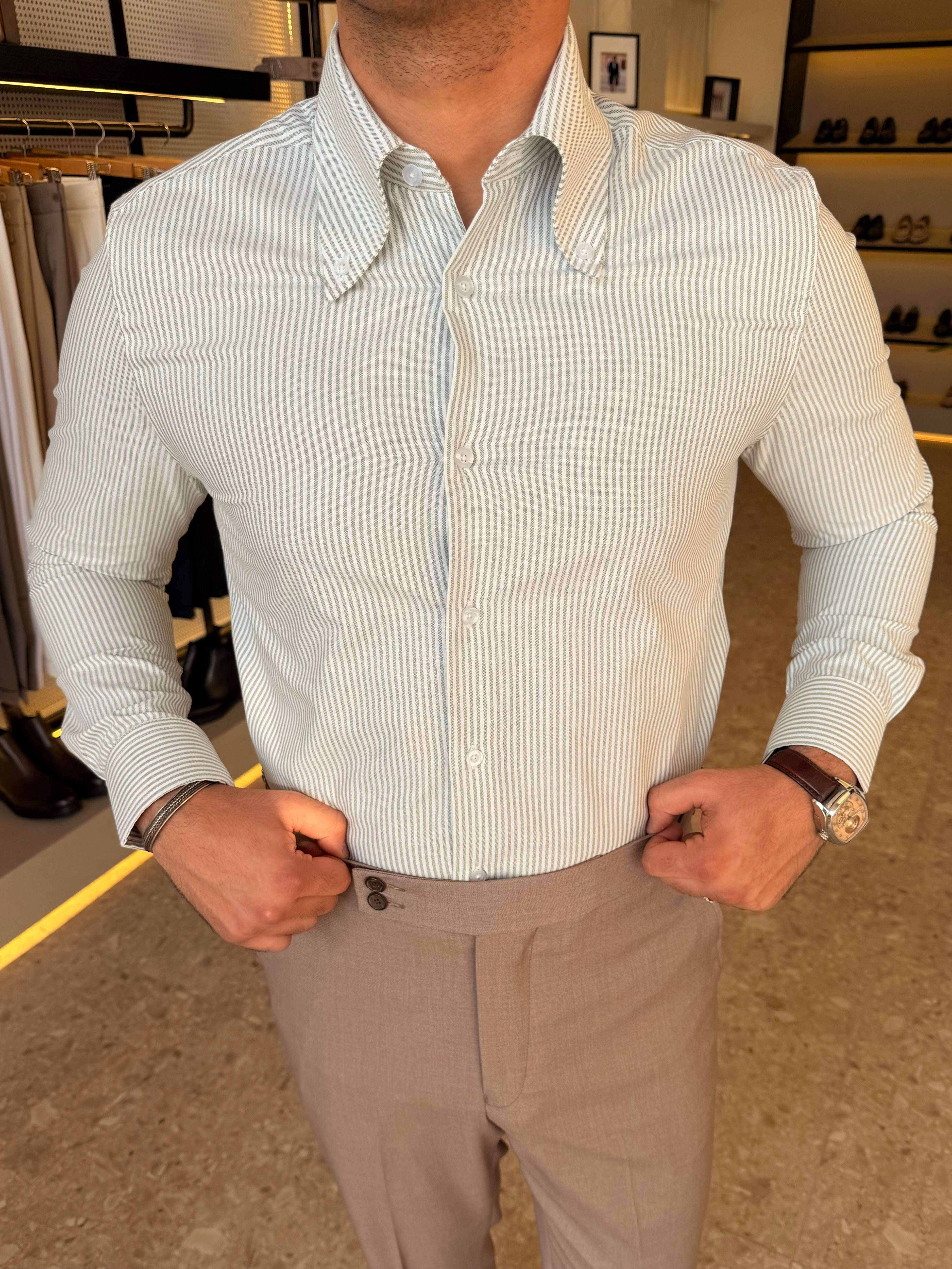 Button-Down Collar cotton Shirt – Green striped