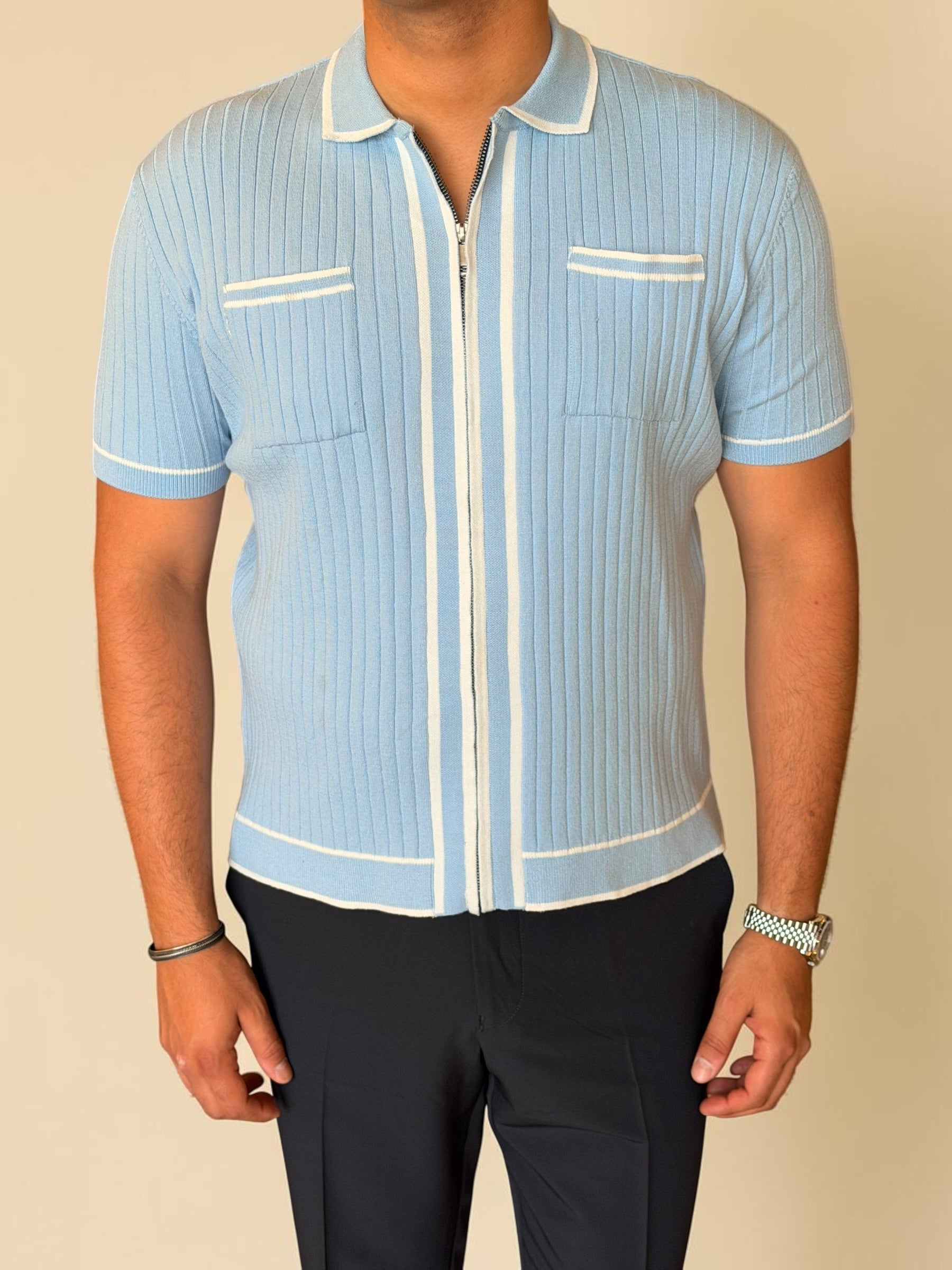 Zipper knitted polo - Baby blue