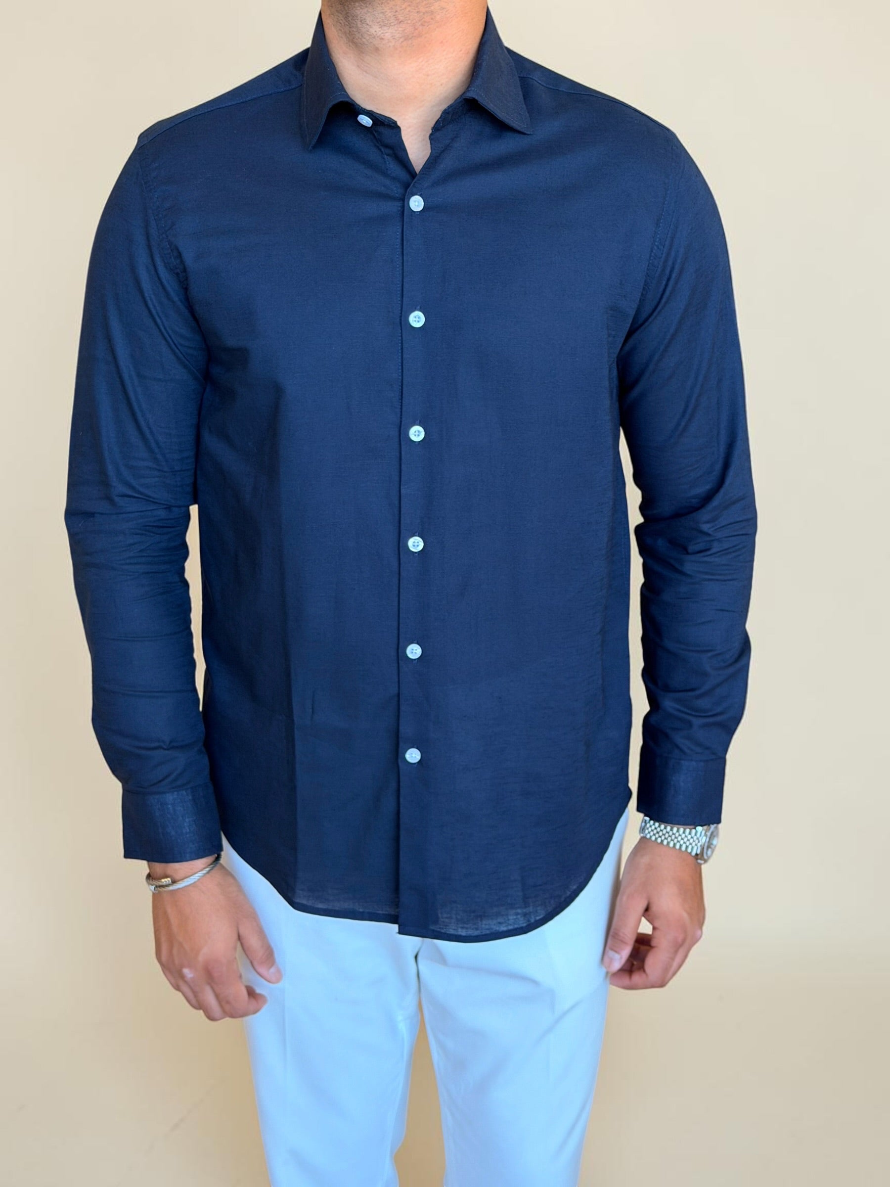 Spread collar pure linen chemise- Navy