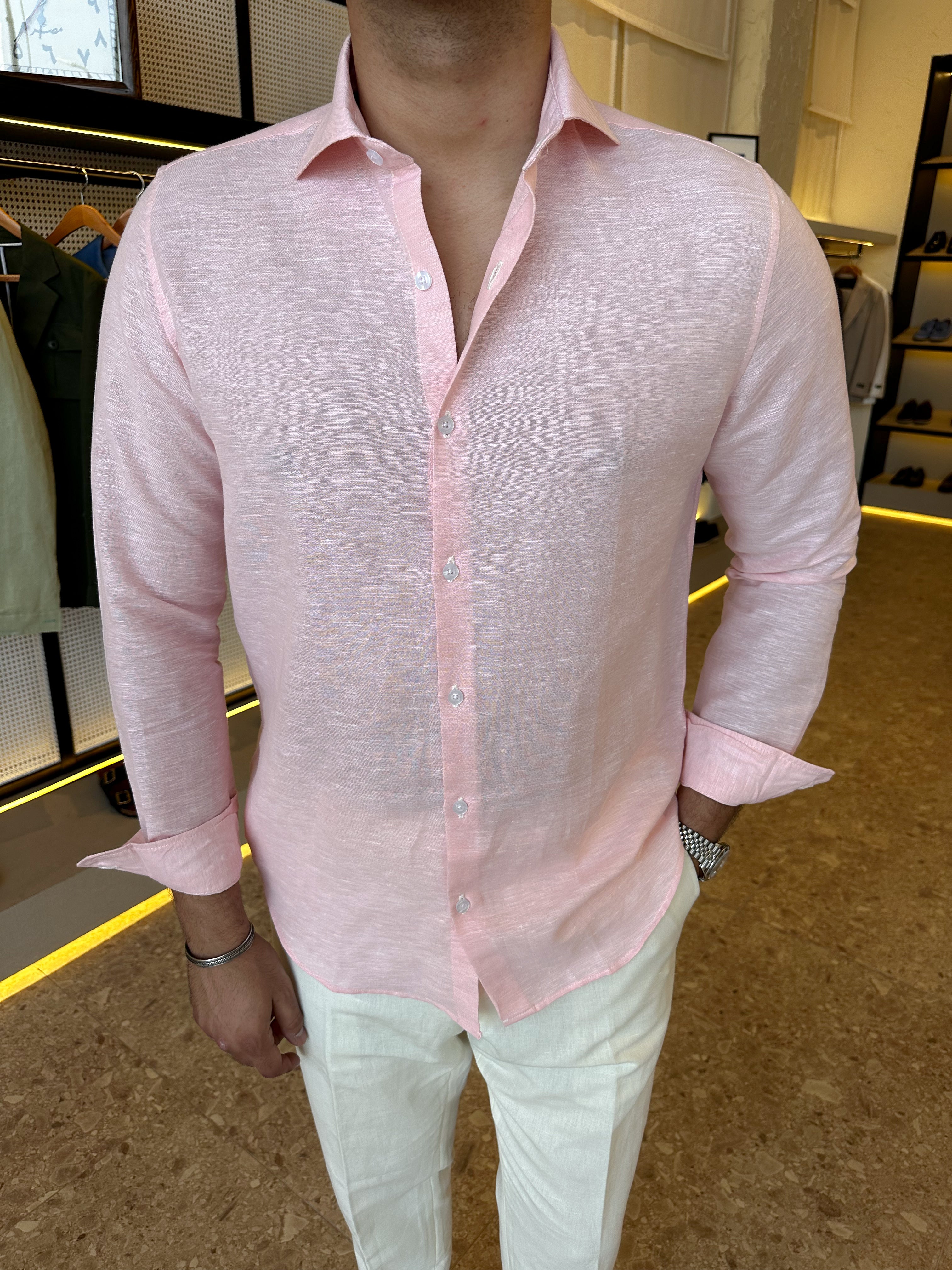 Spread collar pure linen chemise- pink