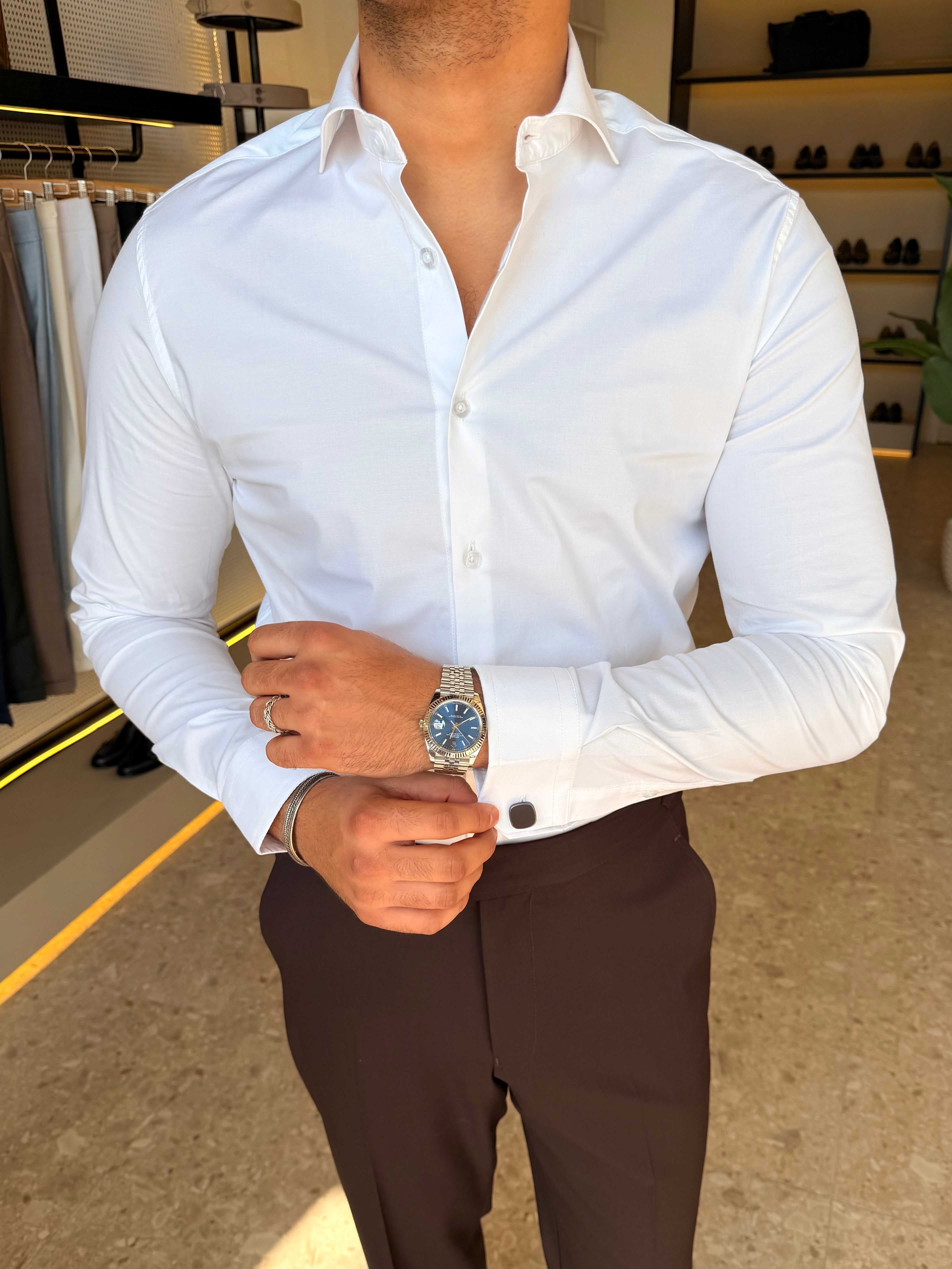 Cotton Lycra spread shirt - white