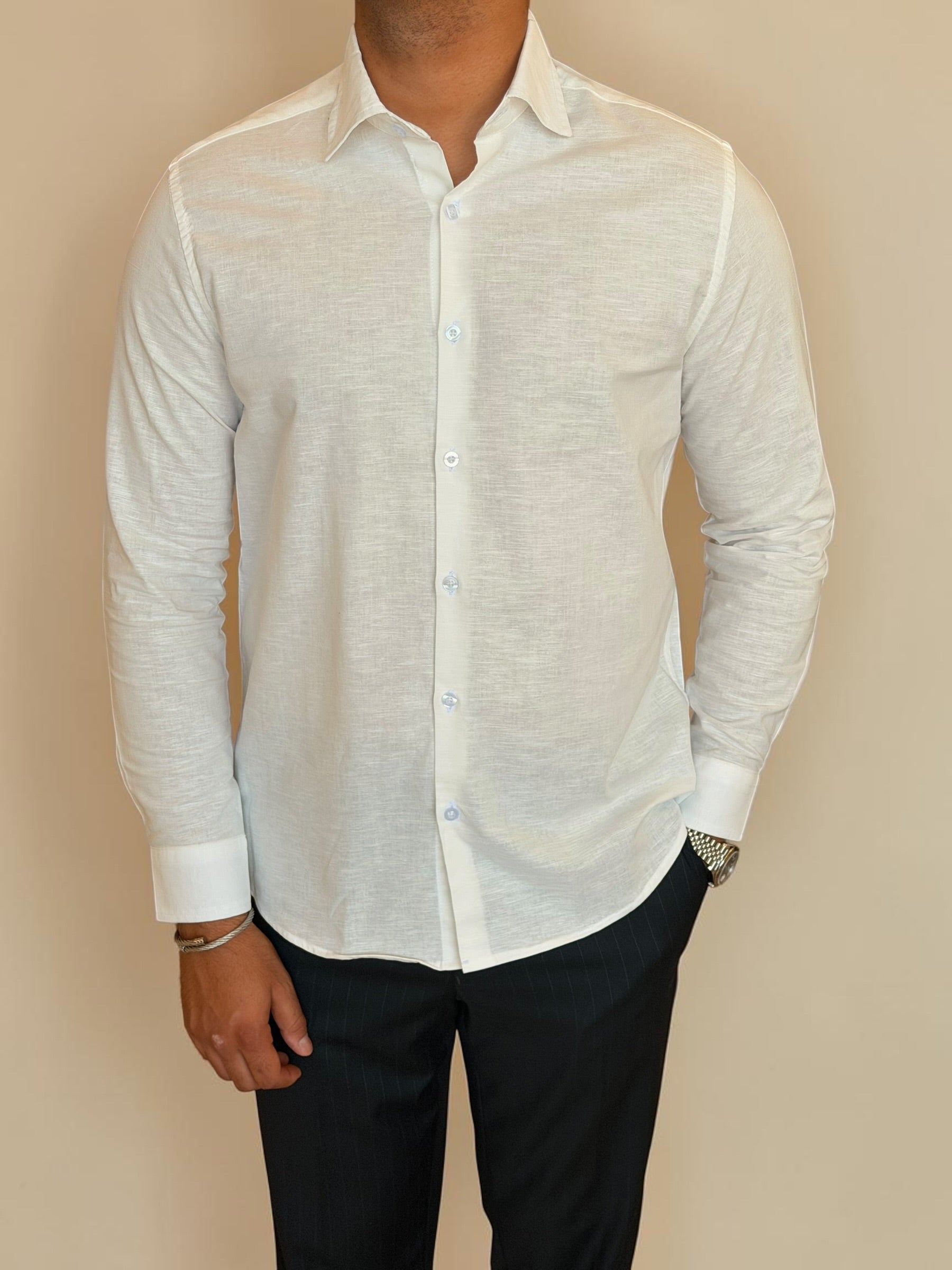 Spread collar pure linen chemise- Off white