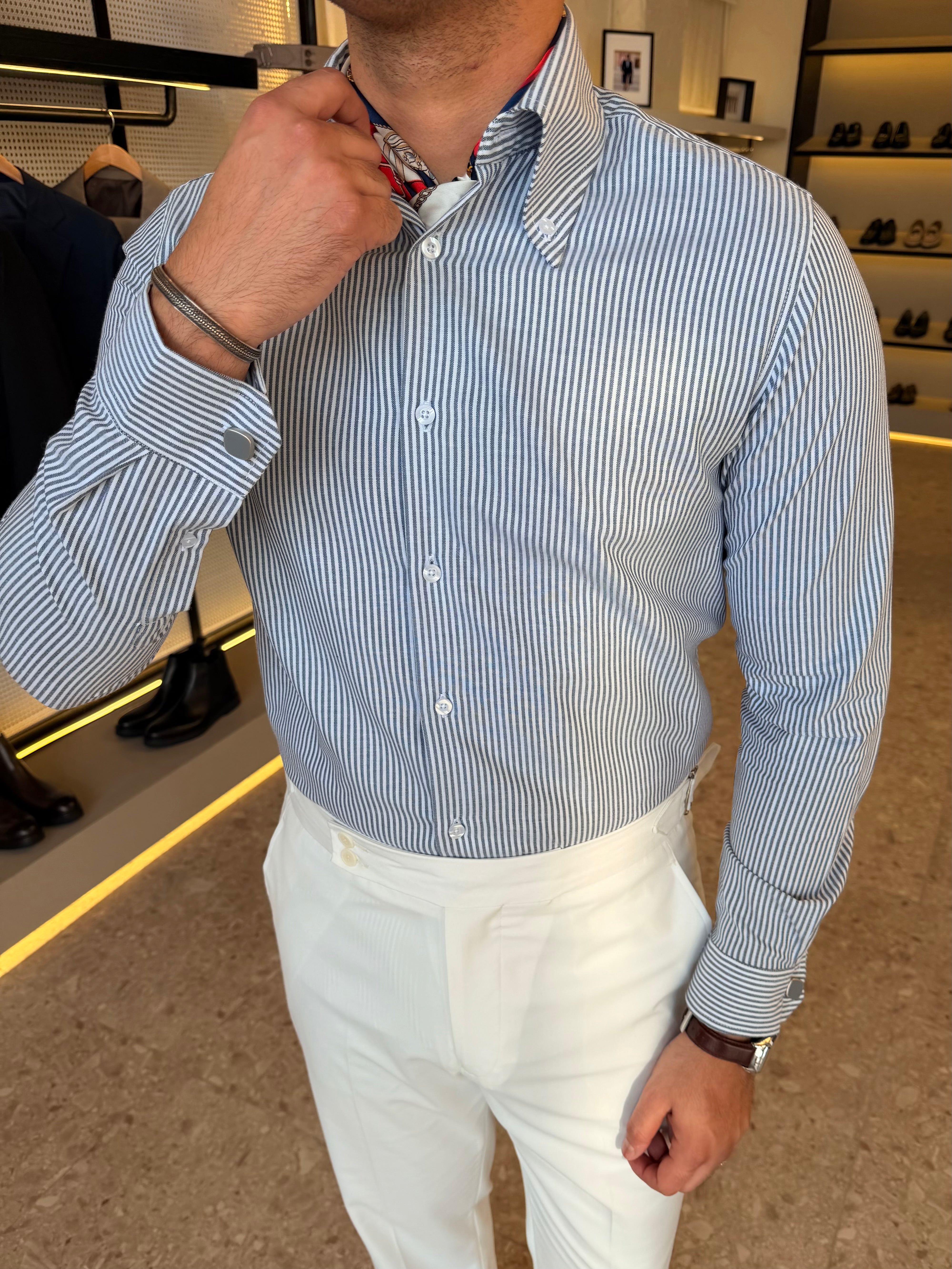 Button-Down Collar cotton Shirt – Navy striped